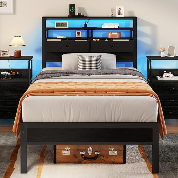 Twin Platform Bed with LED Lights and Charging Station