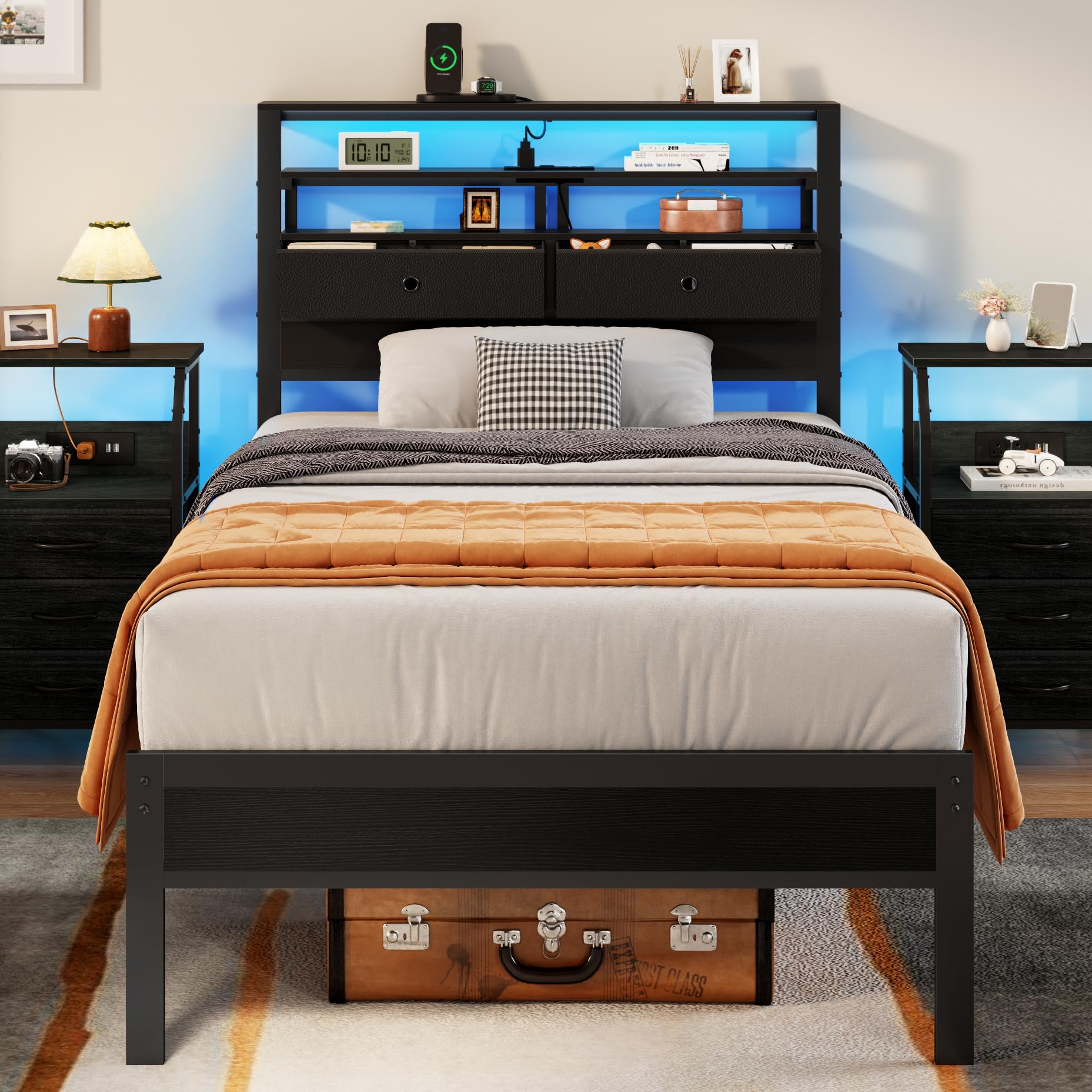 Twin Platform Bed with LED Lights and Charging Station