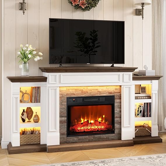 104" Fireplace TV Stand with Electric Insert and Storage Cabinets