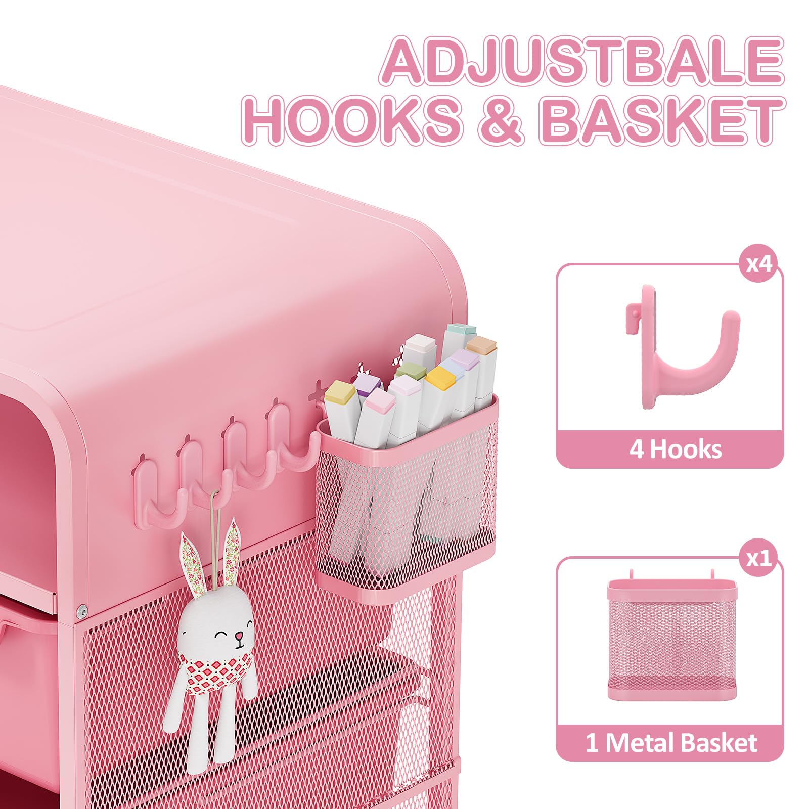 Pink Kids Nightstand with Storage Drawers