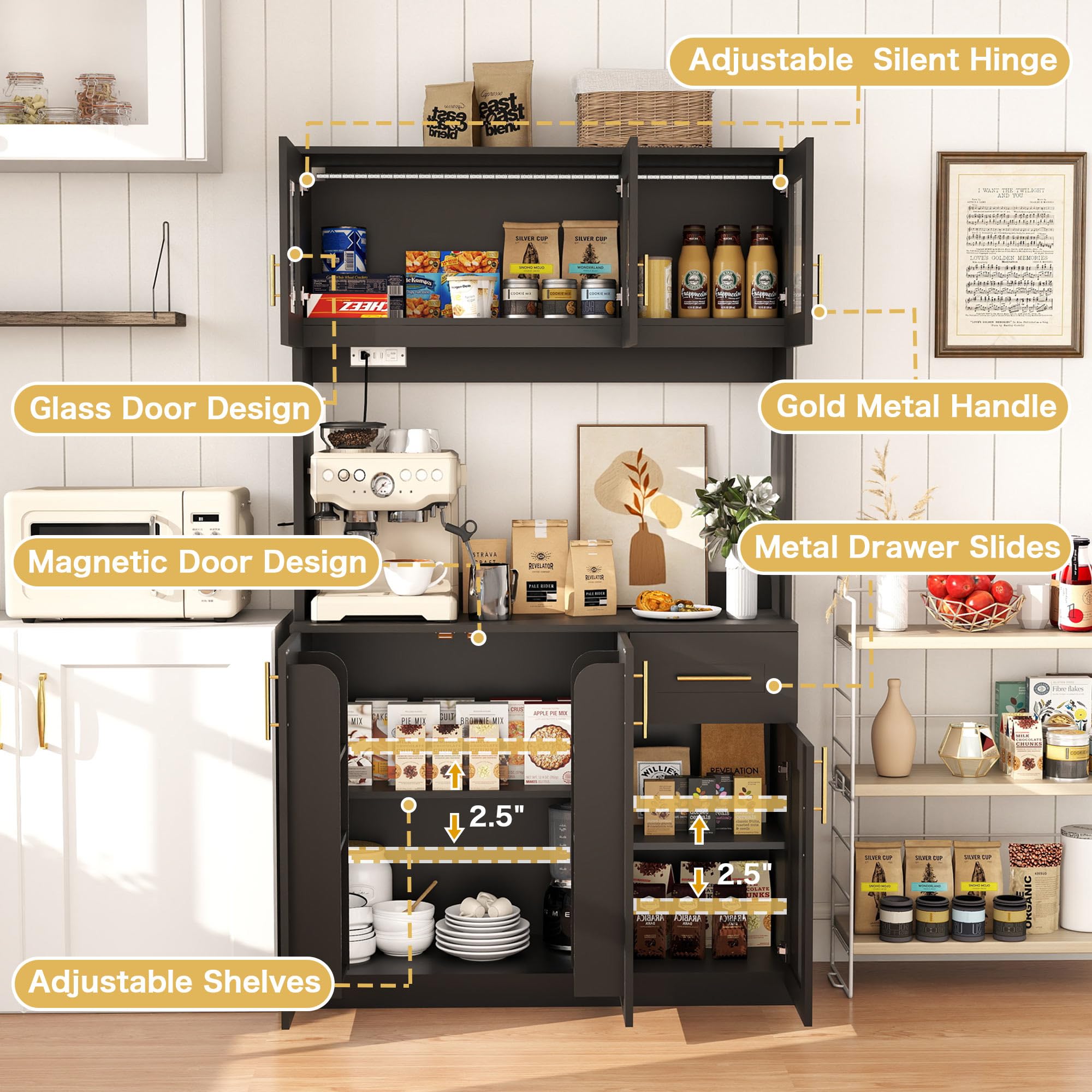 Kitchen Pantry Cabinet with Microwave Shelf and Charging Station