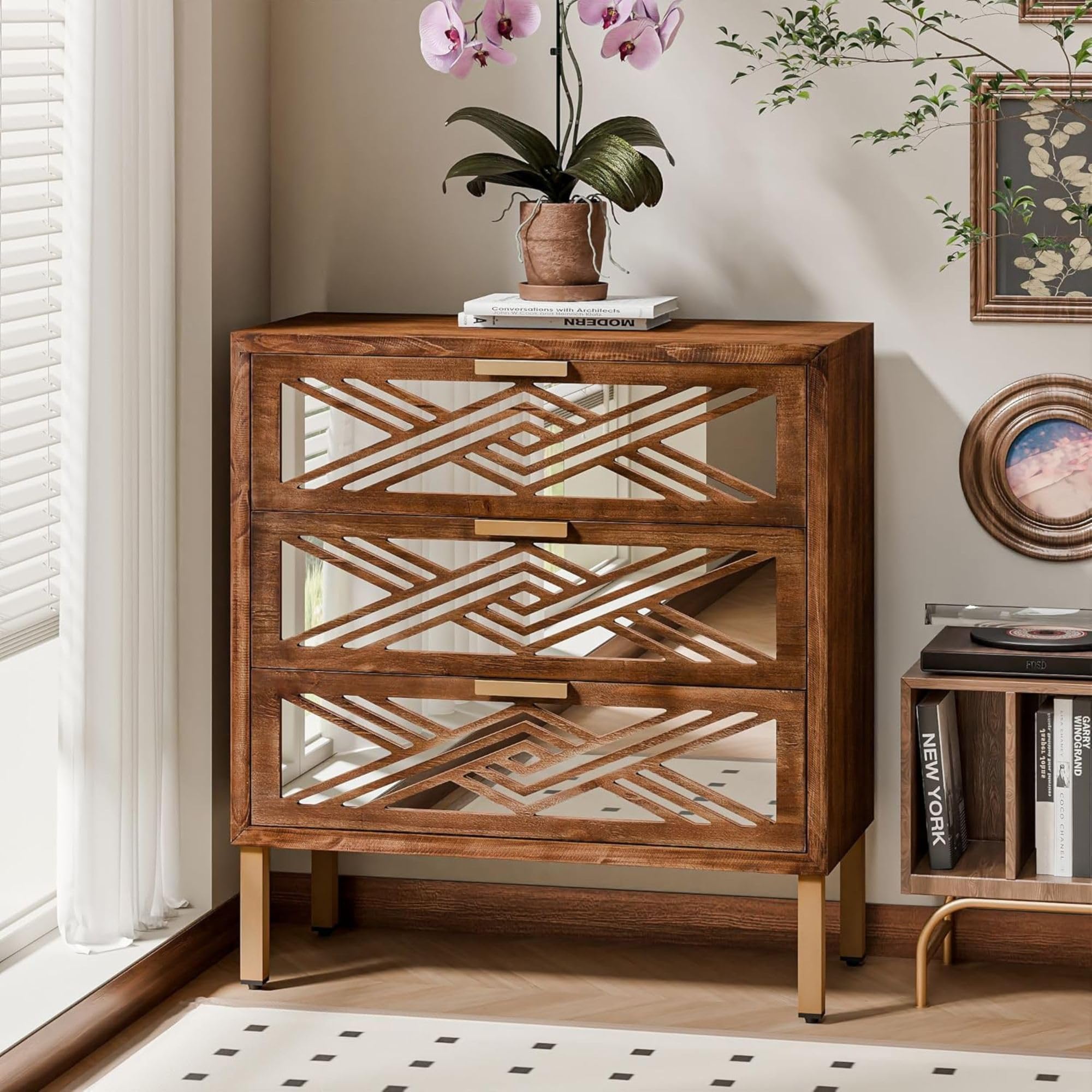 3-Drawer Accent Dresser with Geometric Mirror Front