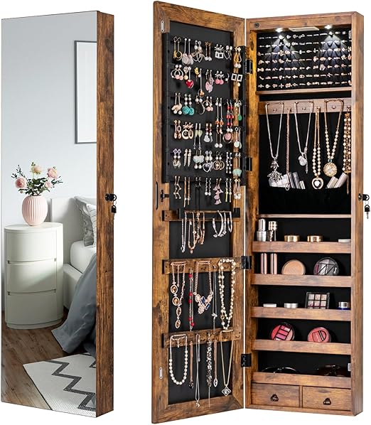 Wall-Mounted Jewelry Armoire with Full-Length Mirror and LED Lights