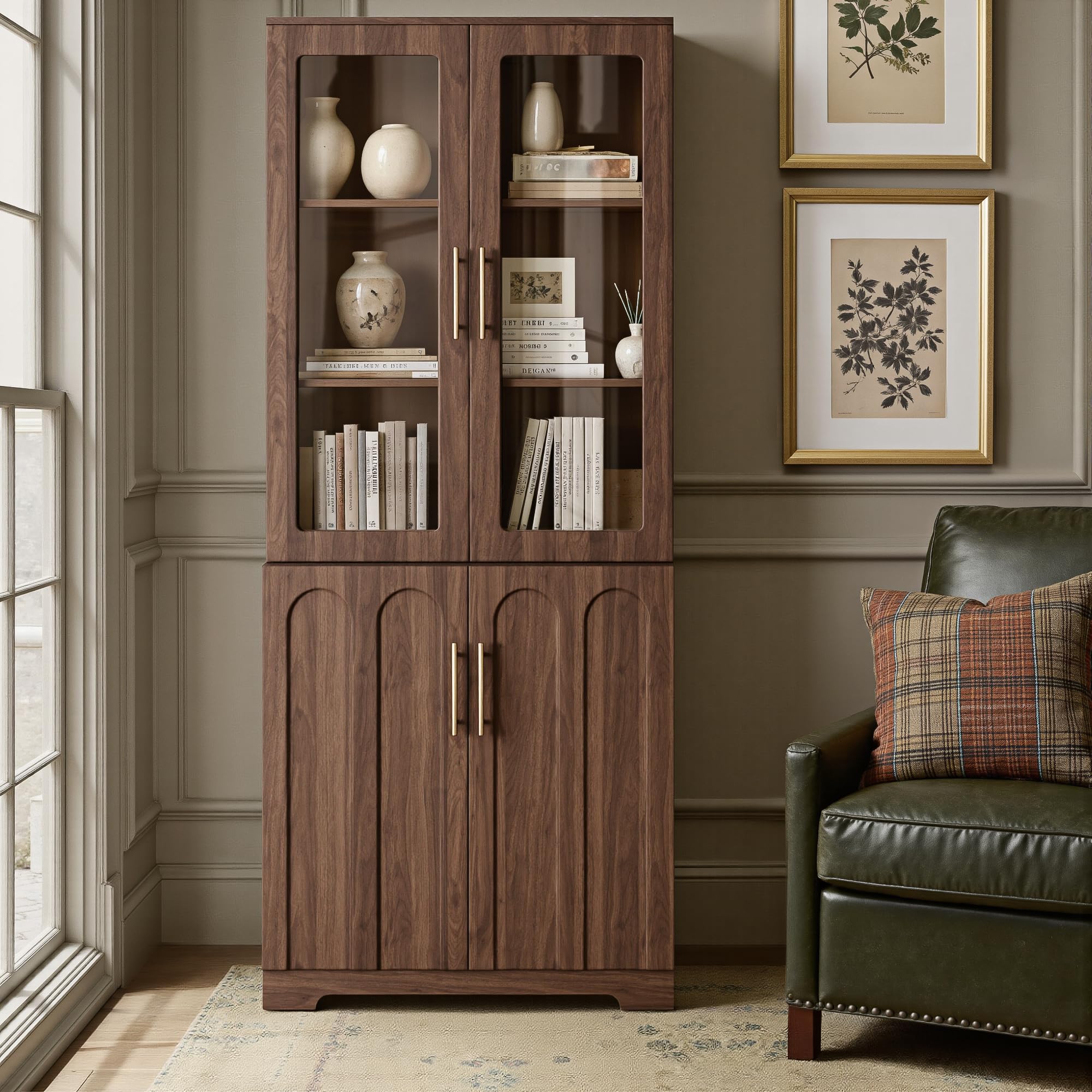 Tall Pantry Cabinet with Glass Doors 77" Kitchen Storage