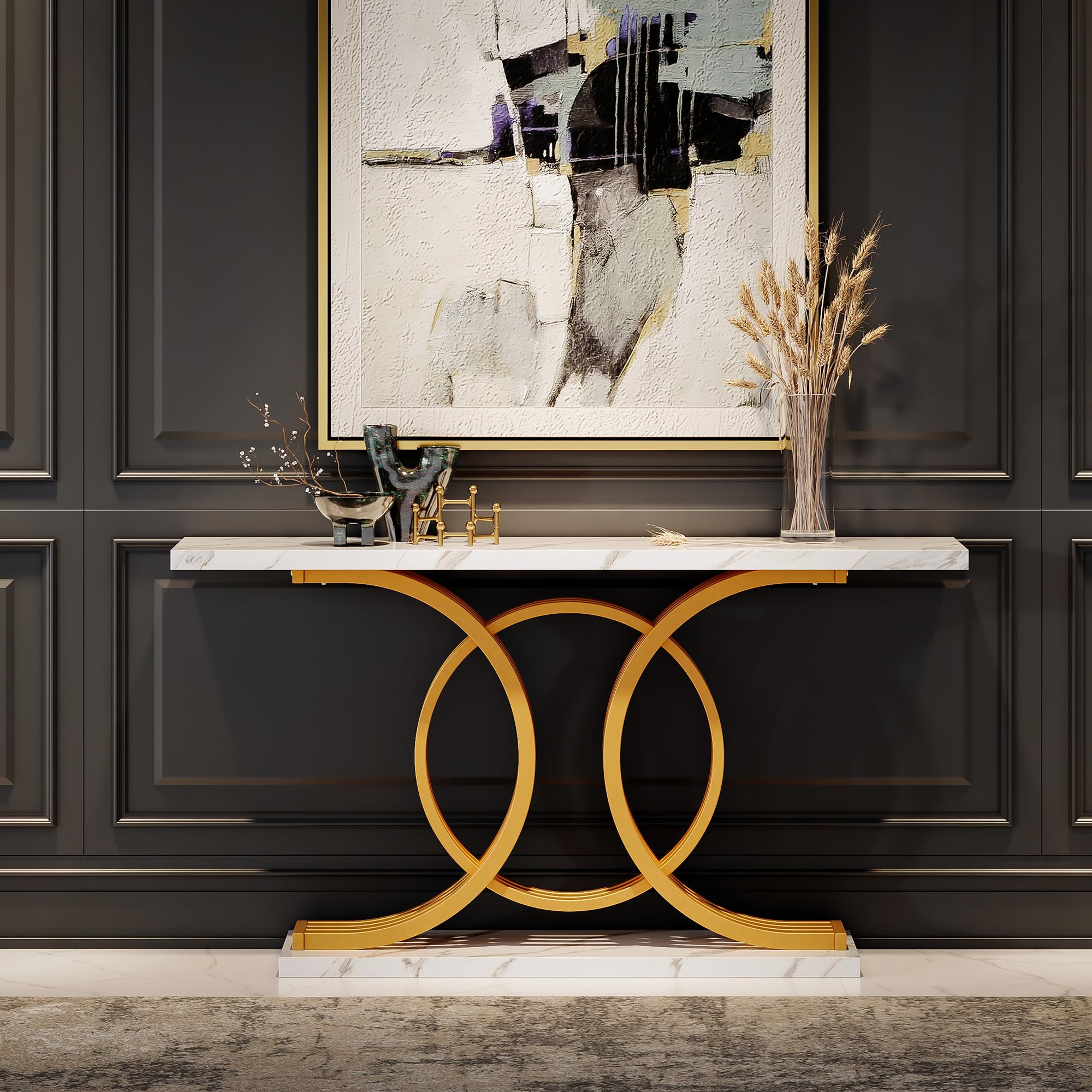 55 Inch Gold Entryway Console Table with Faux Marble Top