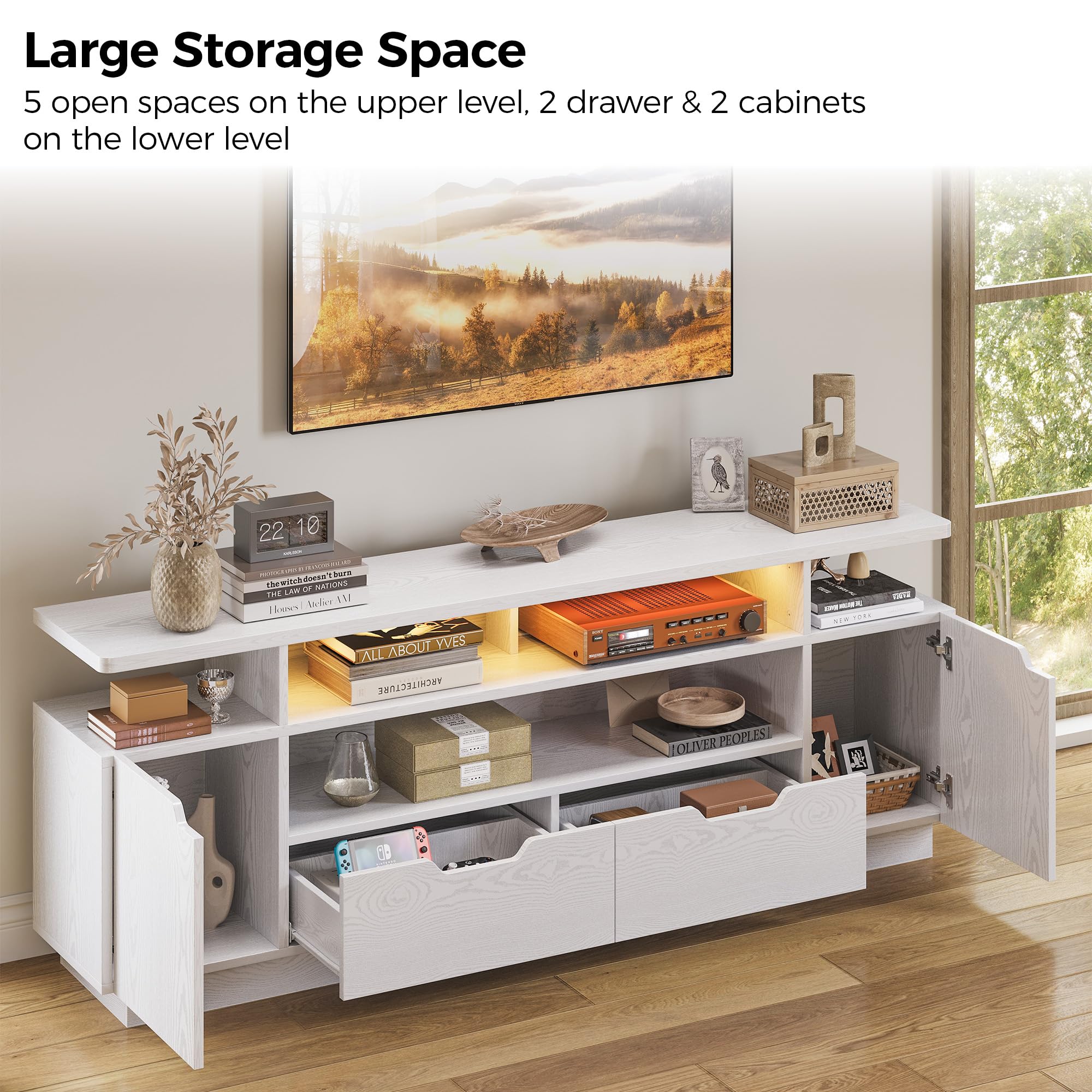 TV Stand for 85 Inch TVs with Power Outlet and LED Lights