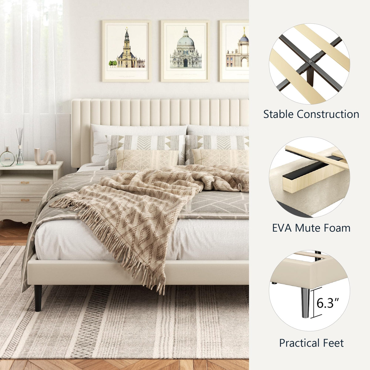 King Size Platform Bed Frame Velvet Upholstered Headboard