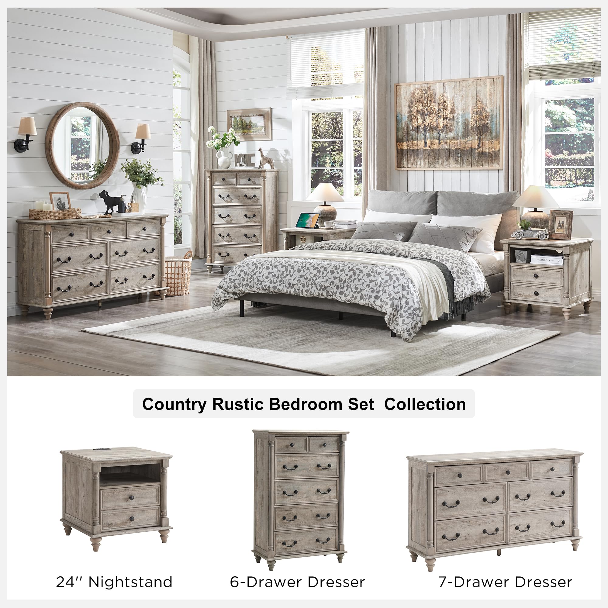 7-Drawer Farmhouse Dresser with Solid Wood Feet
