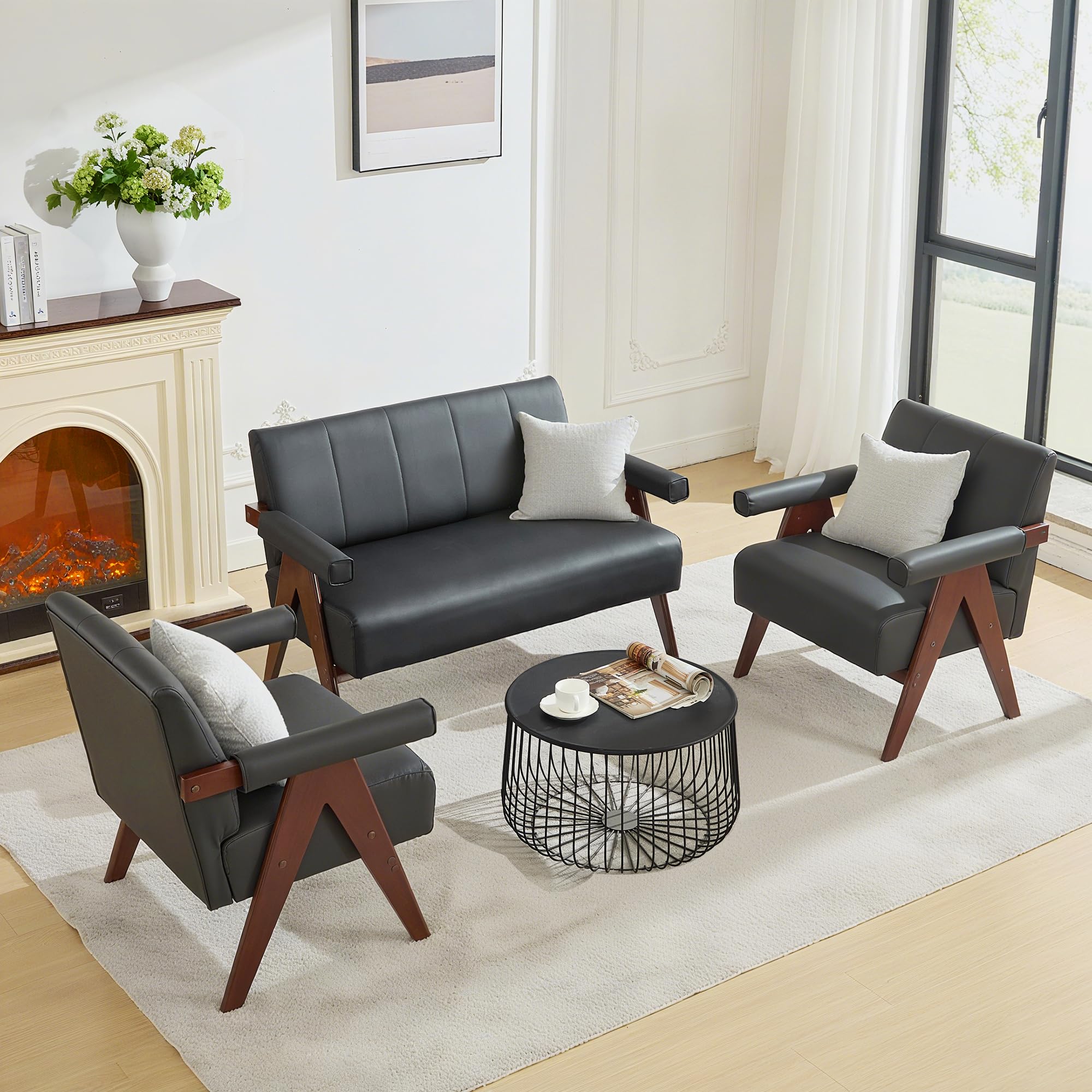 Black Leather Loveseat Sofa and Accent Chairs Set - 3 Pieces