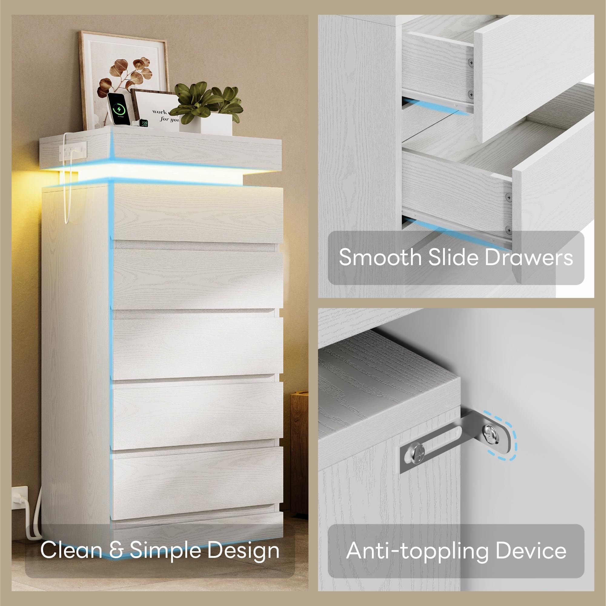 5-Drawer Tall Dresser with LED Lights and Charging Station
