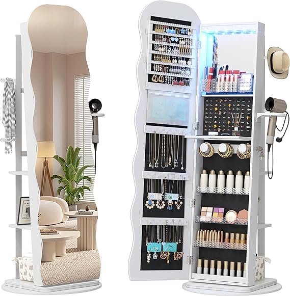 360° Swivel Jewelry Armoire with Wavy Mirror