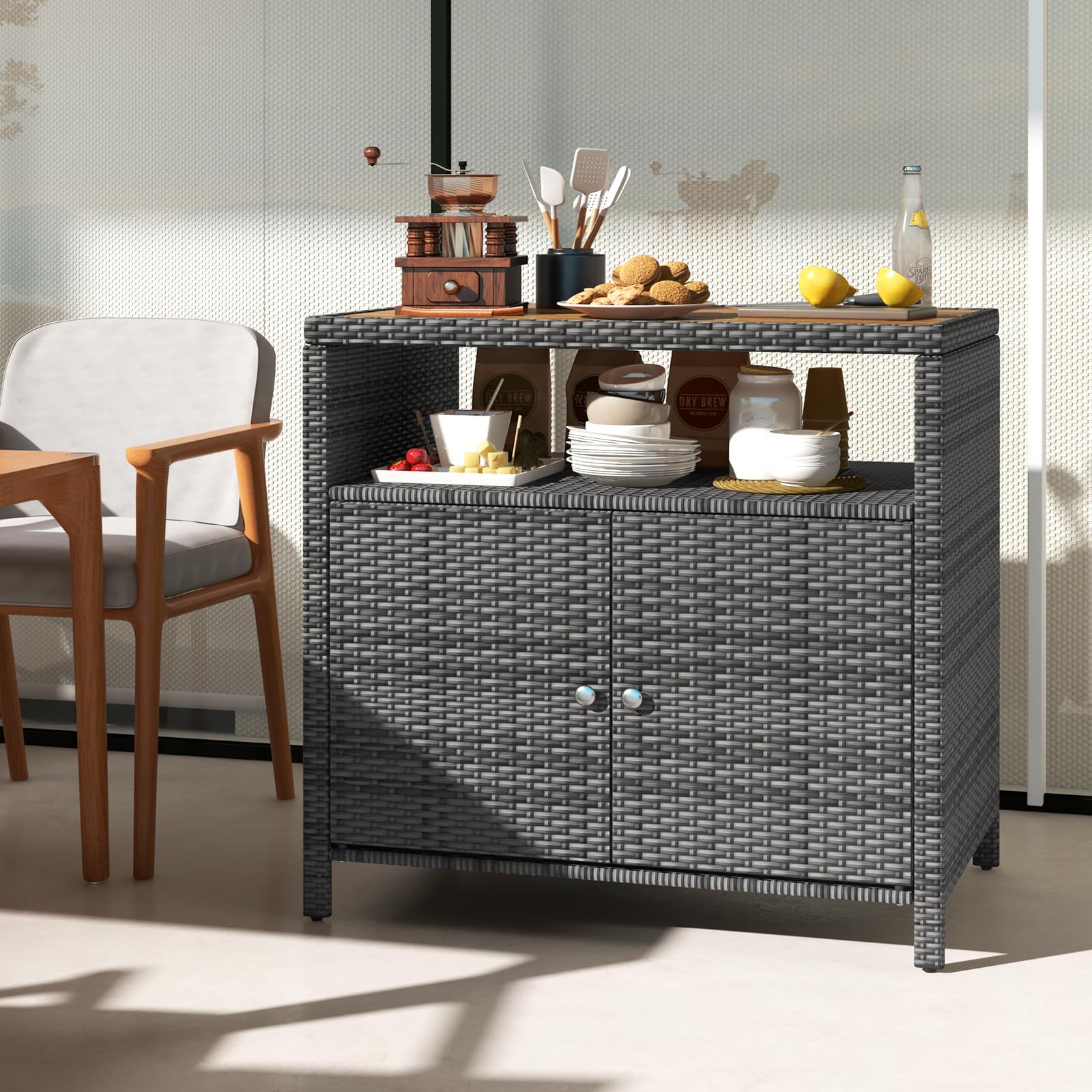 Wicker Outdoor Bar Cabinet with Acacia Wood Countertop
