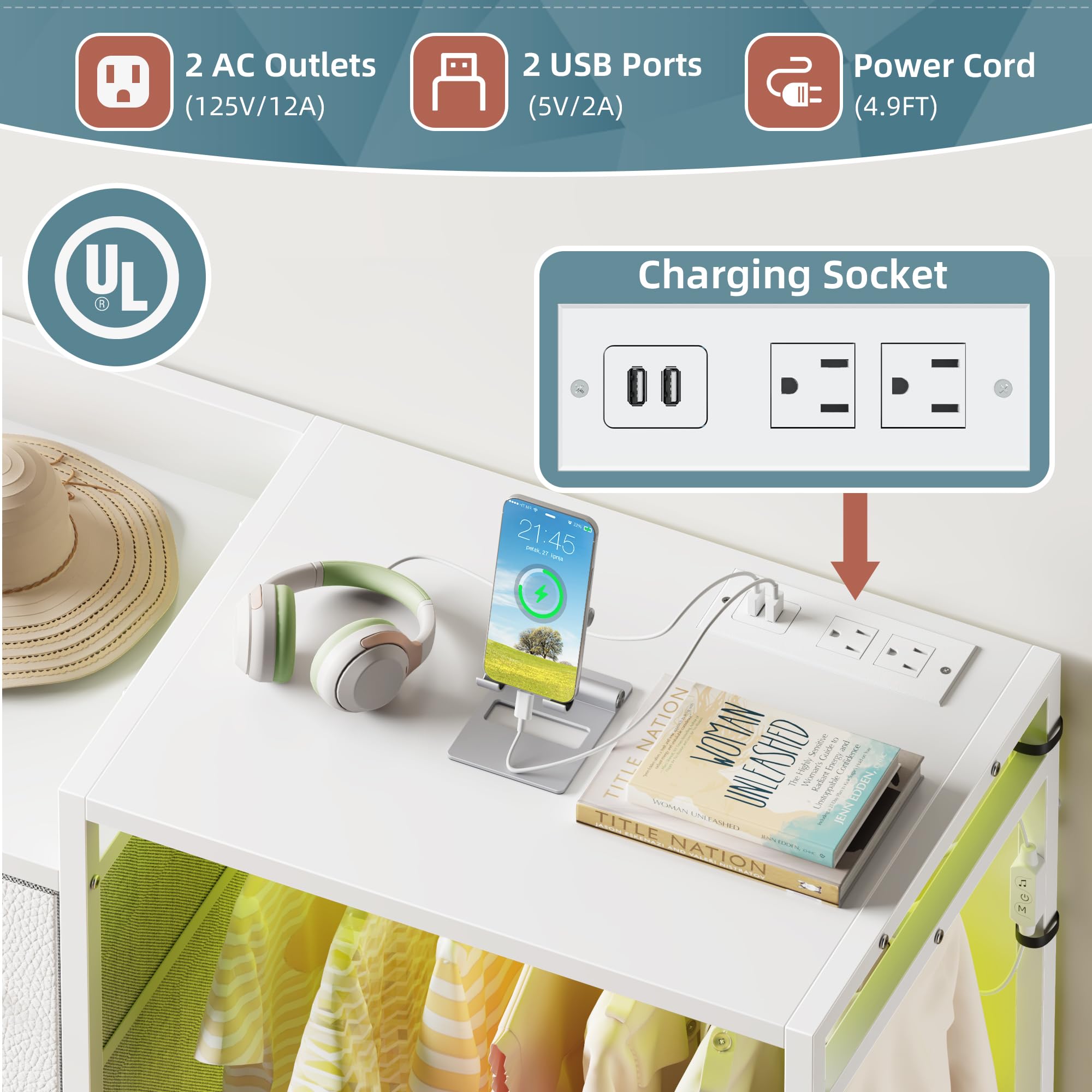 8-Drawer Dresser with Hanging Rack, Charging Station & LED Lights