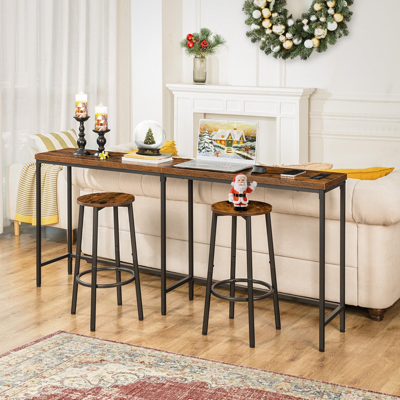 Rustic Brown Bar Stools Set of 2 with Footrest