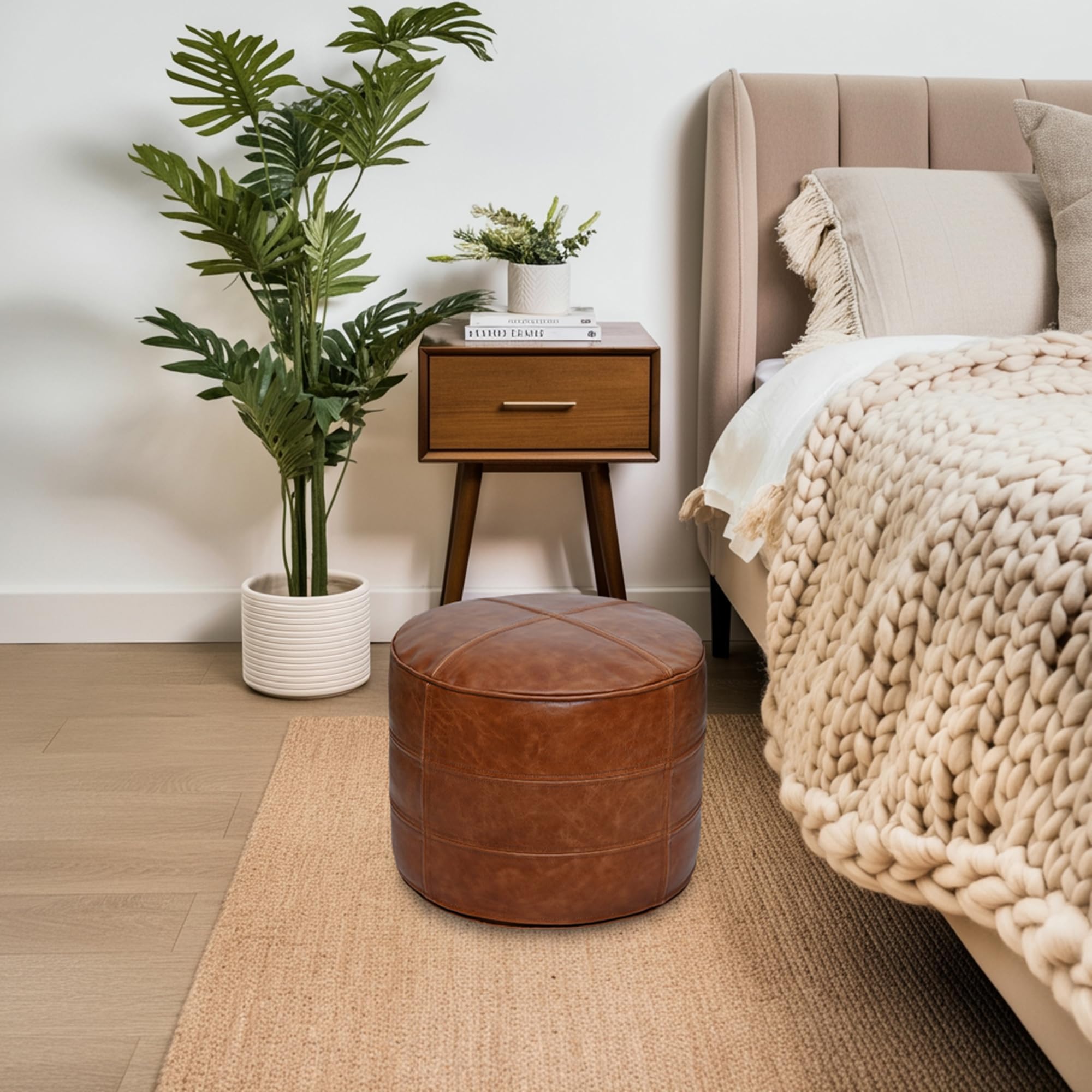 Genuine Leather Pouf Distressed Brown