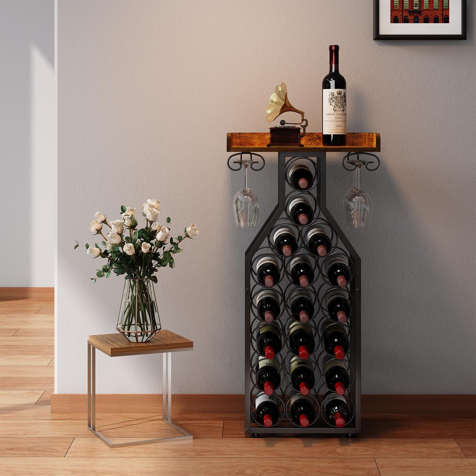 Wine Rack Freestanding Floor Storage with Glass Holder