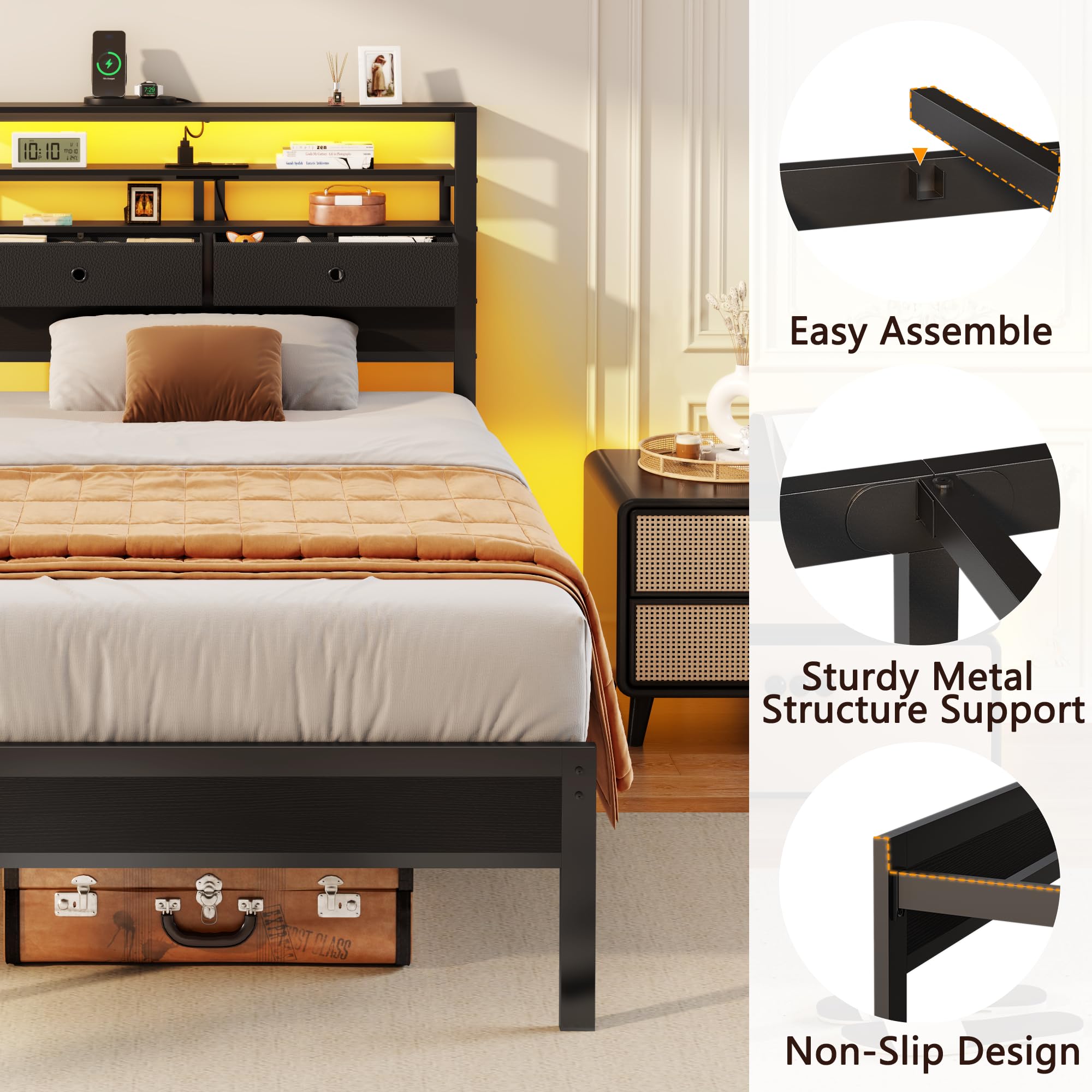 Twin Platform Bed with LED Lights and Charging Station