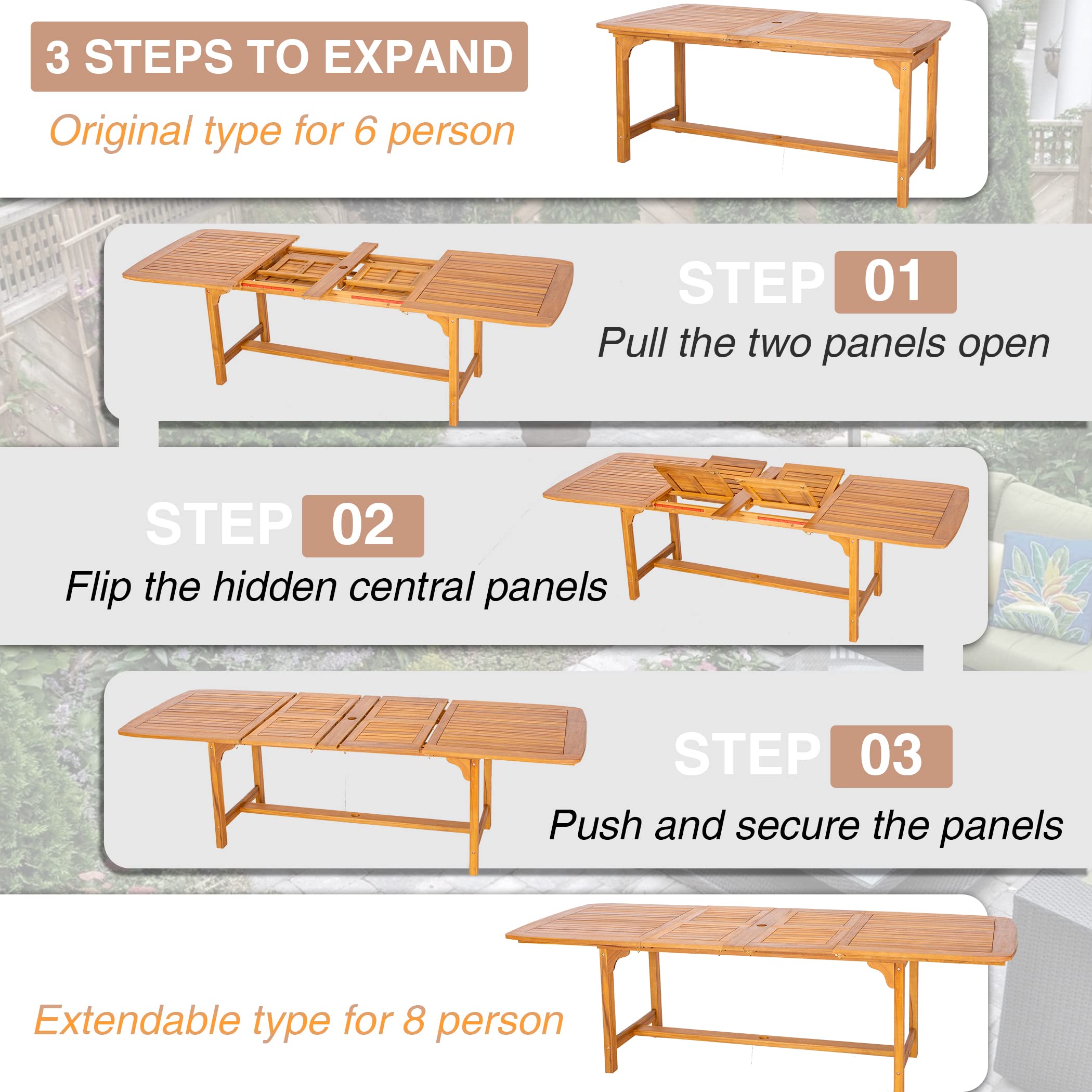 PHI VILLA 9 Pieces Acacia Wood Patio Dining Set for 8, Expandable Teak Dining Table & Wooden Chairs with Cushions, Farmhouse Dining Furniture Set for Outdoor Deck, Yard, Porch