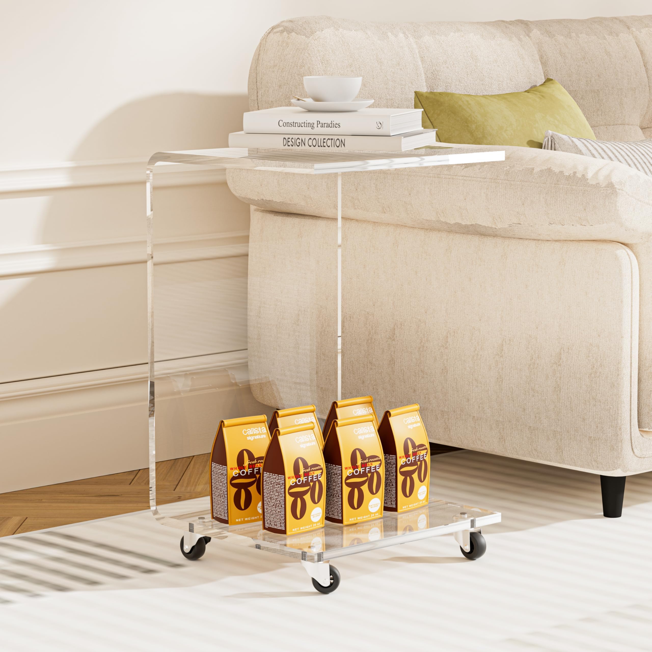 Acrylic C-Shaped Side Table with Wheels