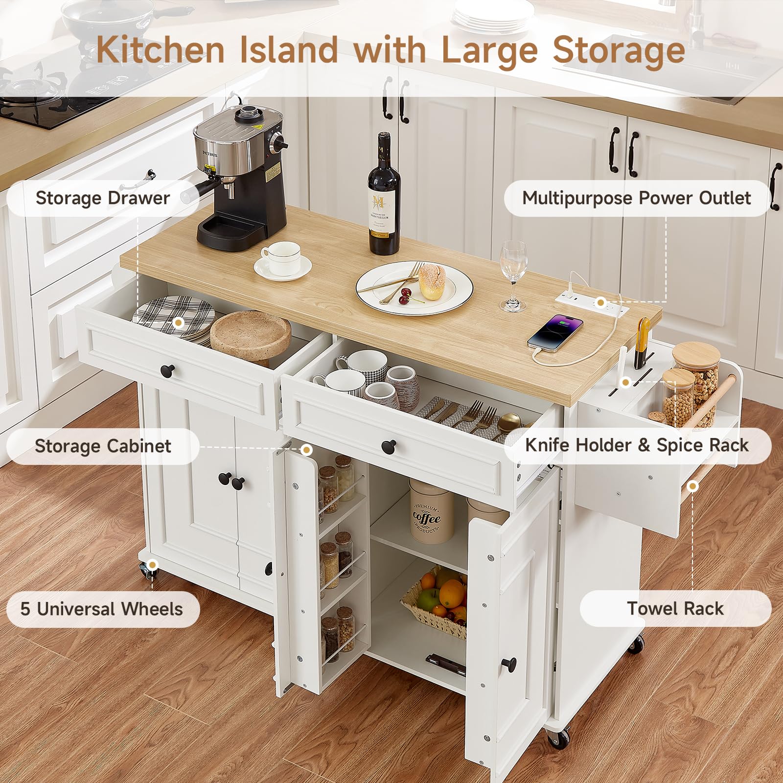 58" Mobile Kitchen Island Cart with Power Outlet