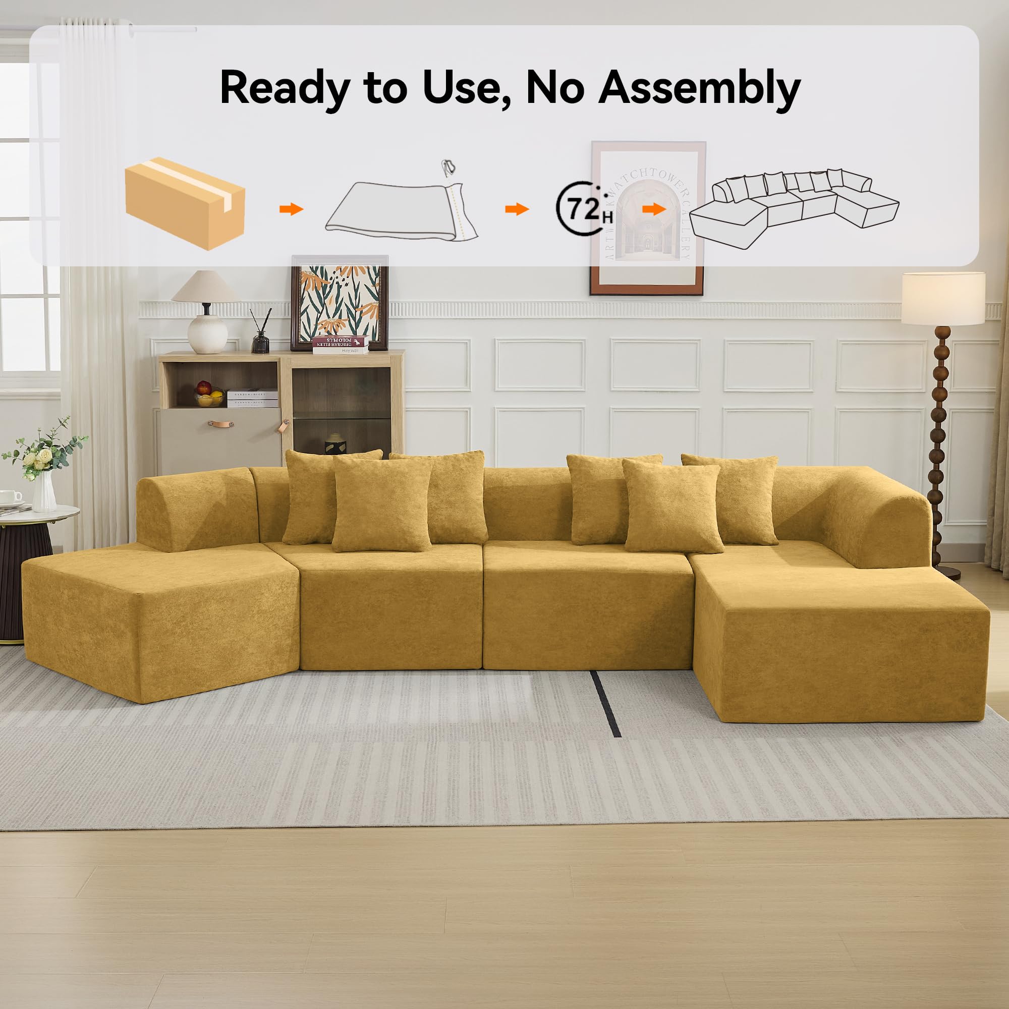 140''Oversized Cloud Velvet Curved Sectional Couch, Boneless Couch with L-Shape Chaise, Upholstered Compression Memory Foam Modular Sectional Sofa for Living Room, No Assembly Required, Yellow