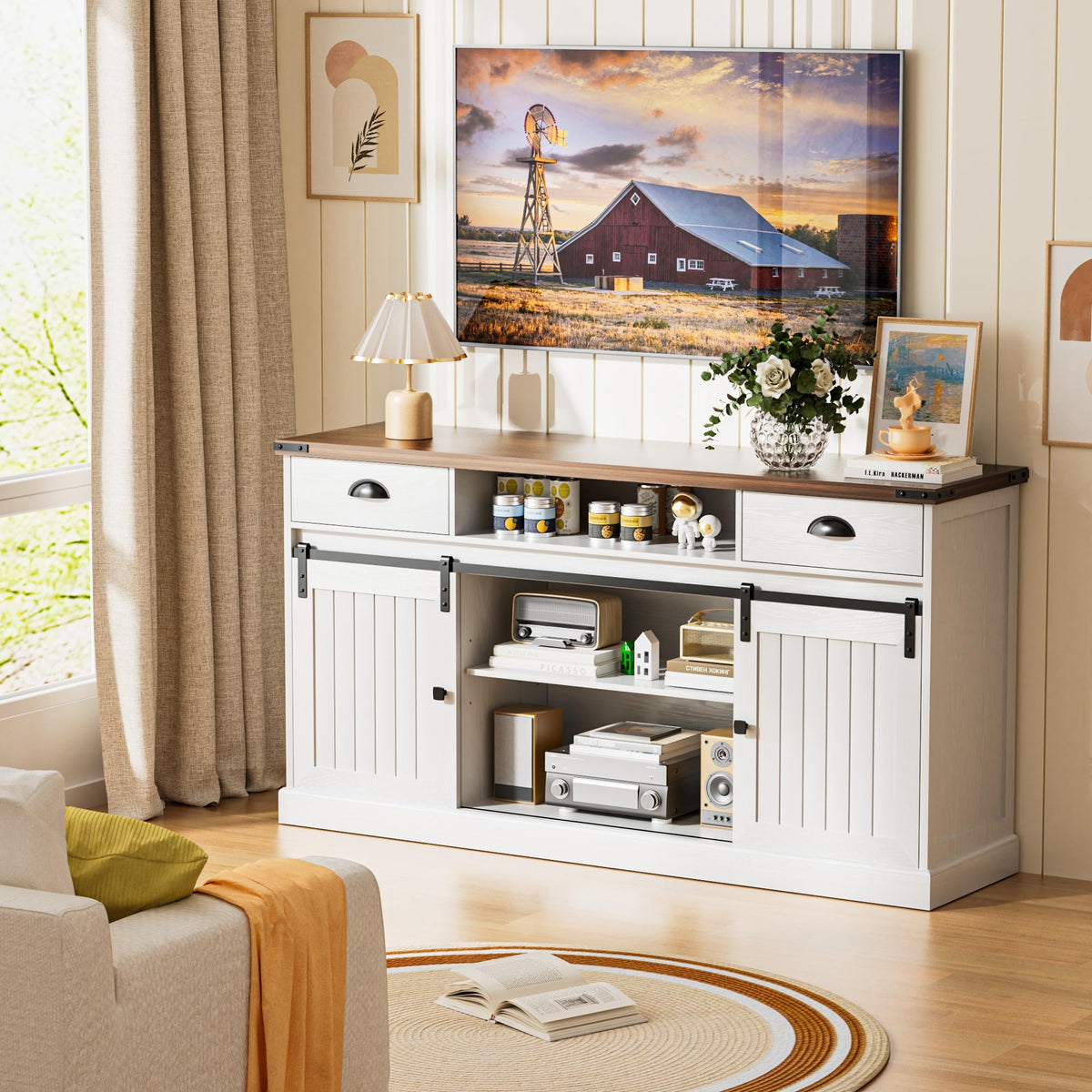 Farmhouse TV Stand for TVs up to 65 Inch with Storage