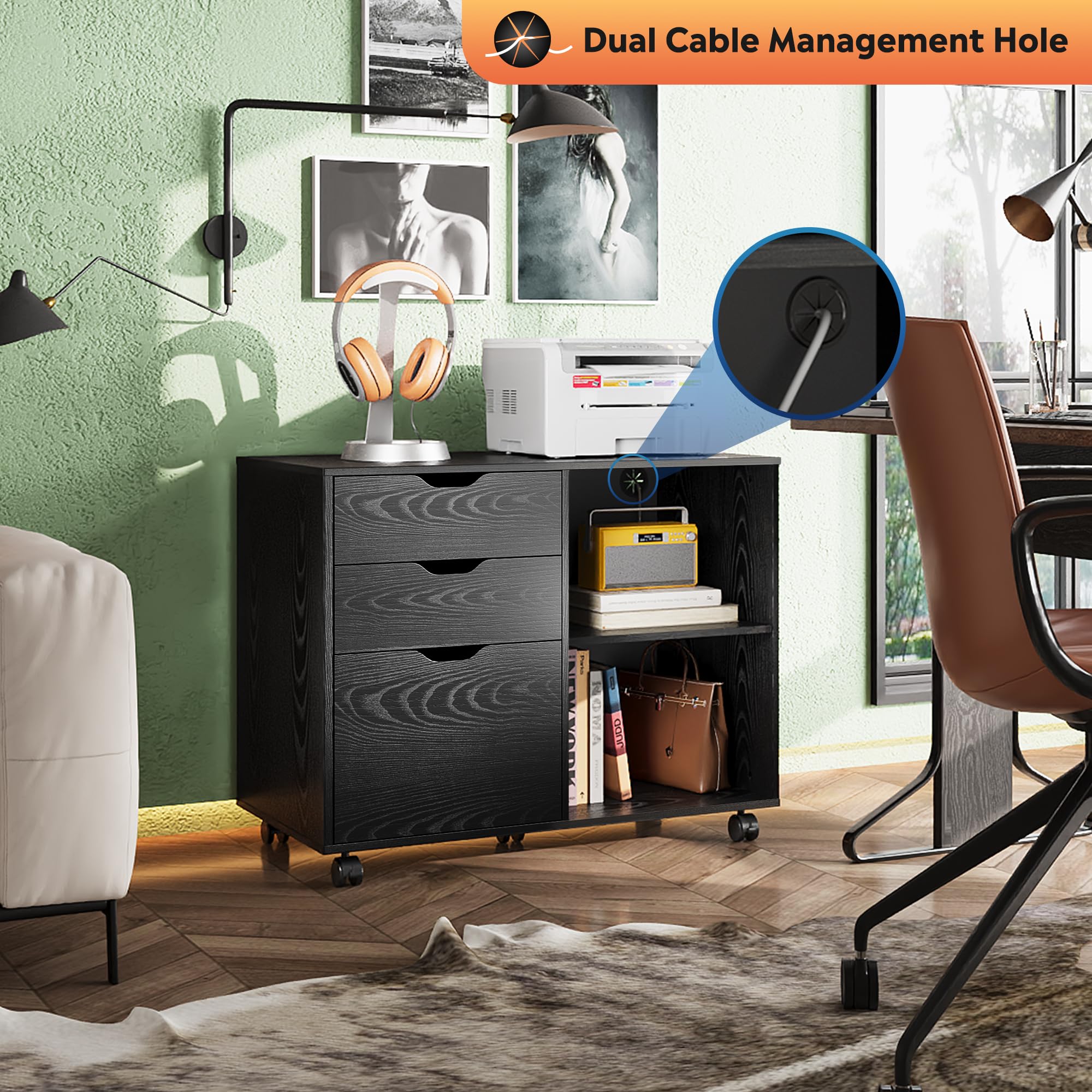 3-Drawer Mobile Lateral File Cabinet with Printer Stand
