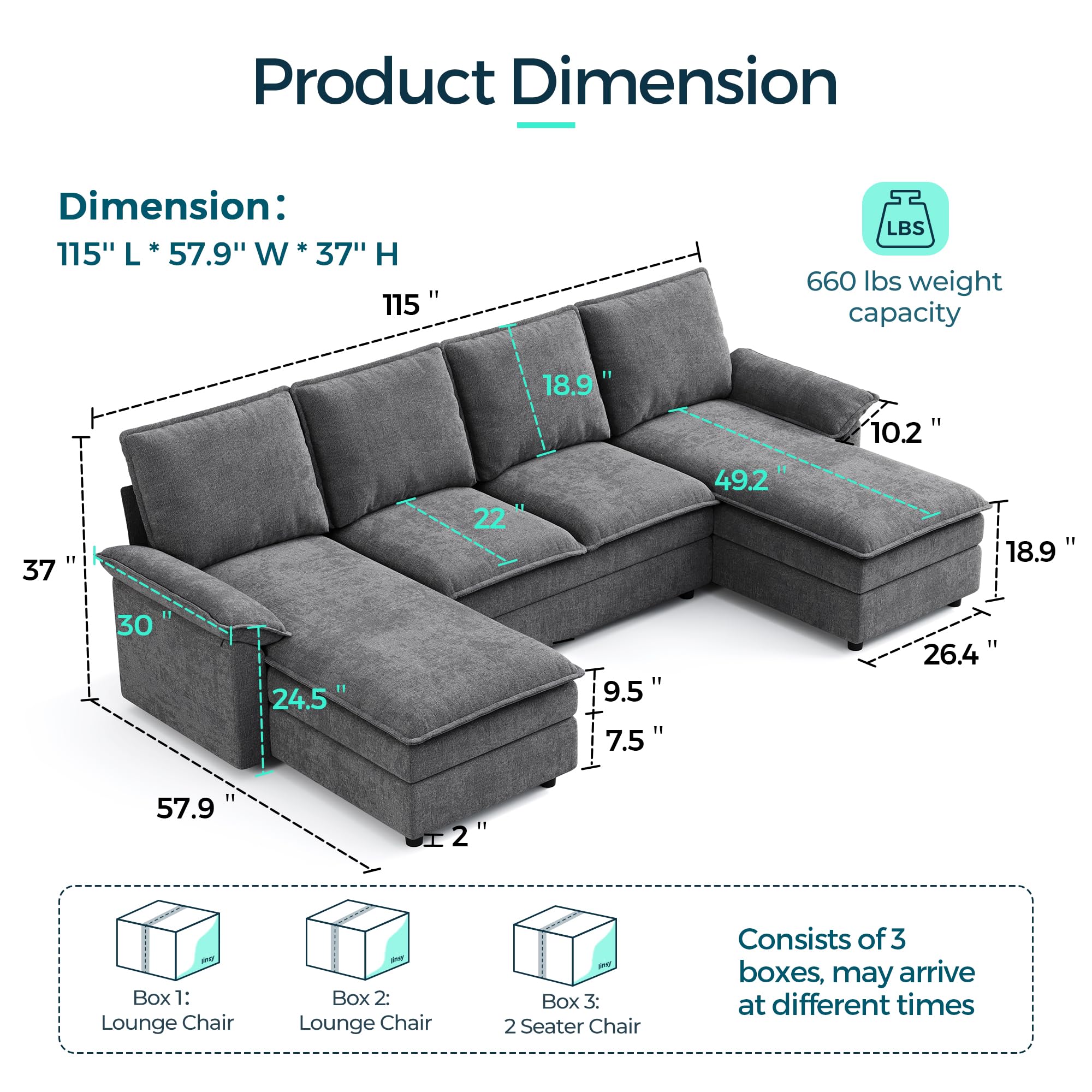 U-Shaped Cloud Couch Sectional Sofa 115" with Double Chaise Lounge