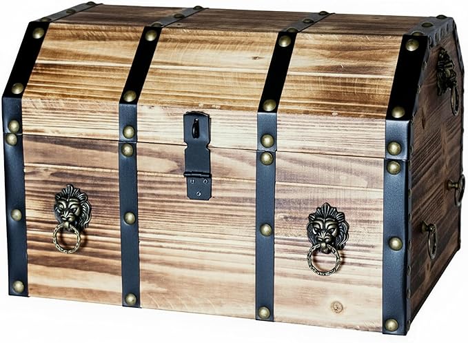 Wooden Treasure Chest Storage Trunk with Leather Straps and Brass Accents