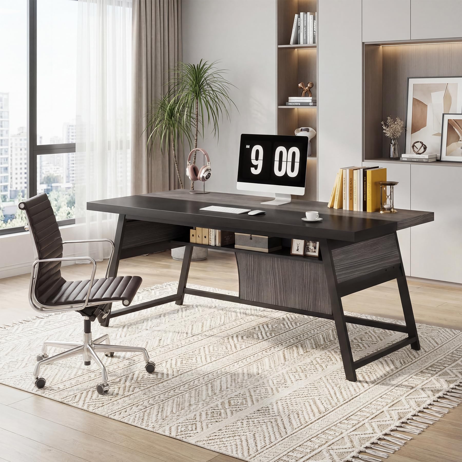 63-Inch Executive Desk with Bookshelf and LED Light