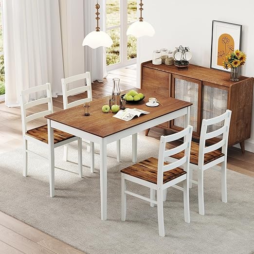 Solid Wood Dining Table Set for 4 with Farmhouse Apron Design
