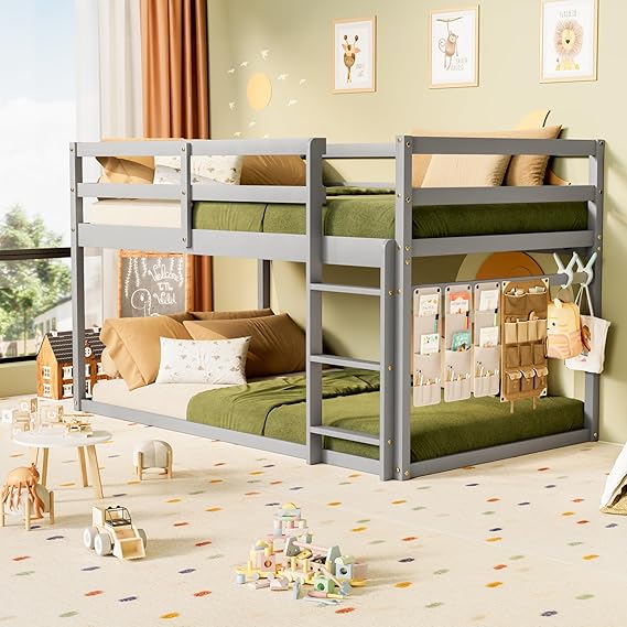 Low Bunk Bed Twin Over Twin with Ladder and Guardrails