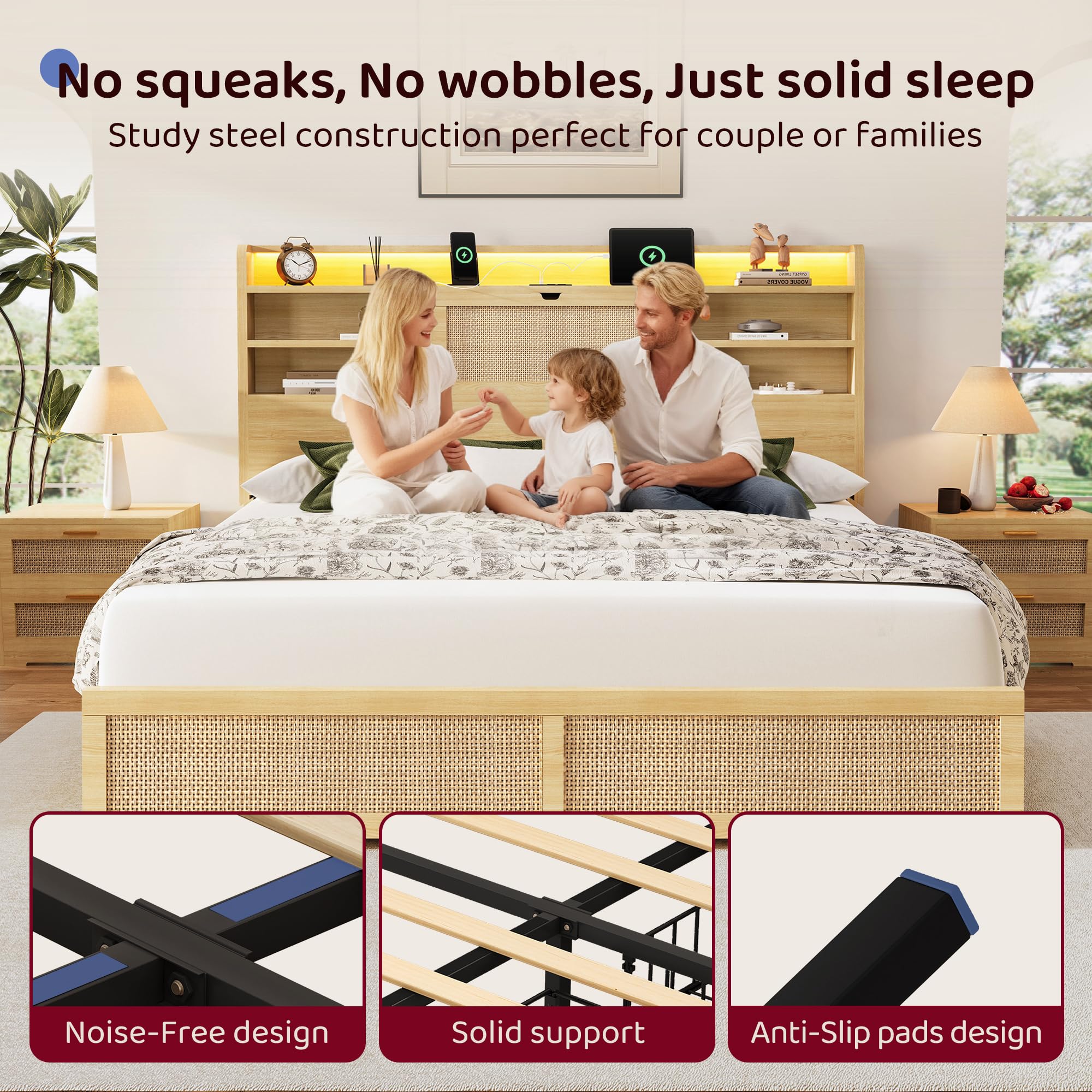 King Size Rattan Bed Frame with Storage Drawers and LED Lights