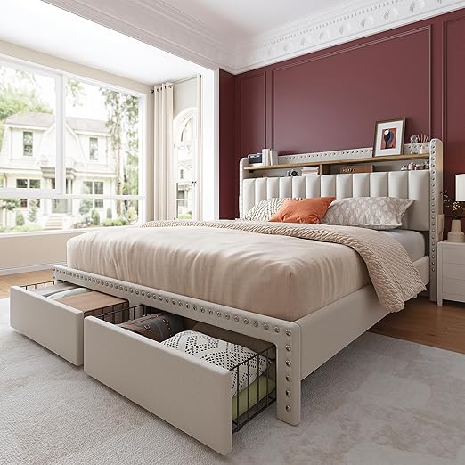 Queen Size Upholstered Bed Frame with Storage Drawers