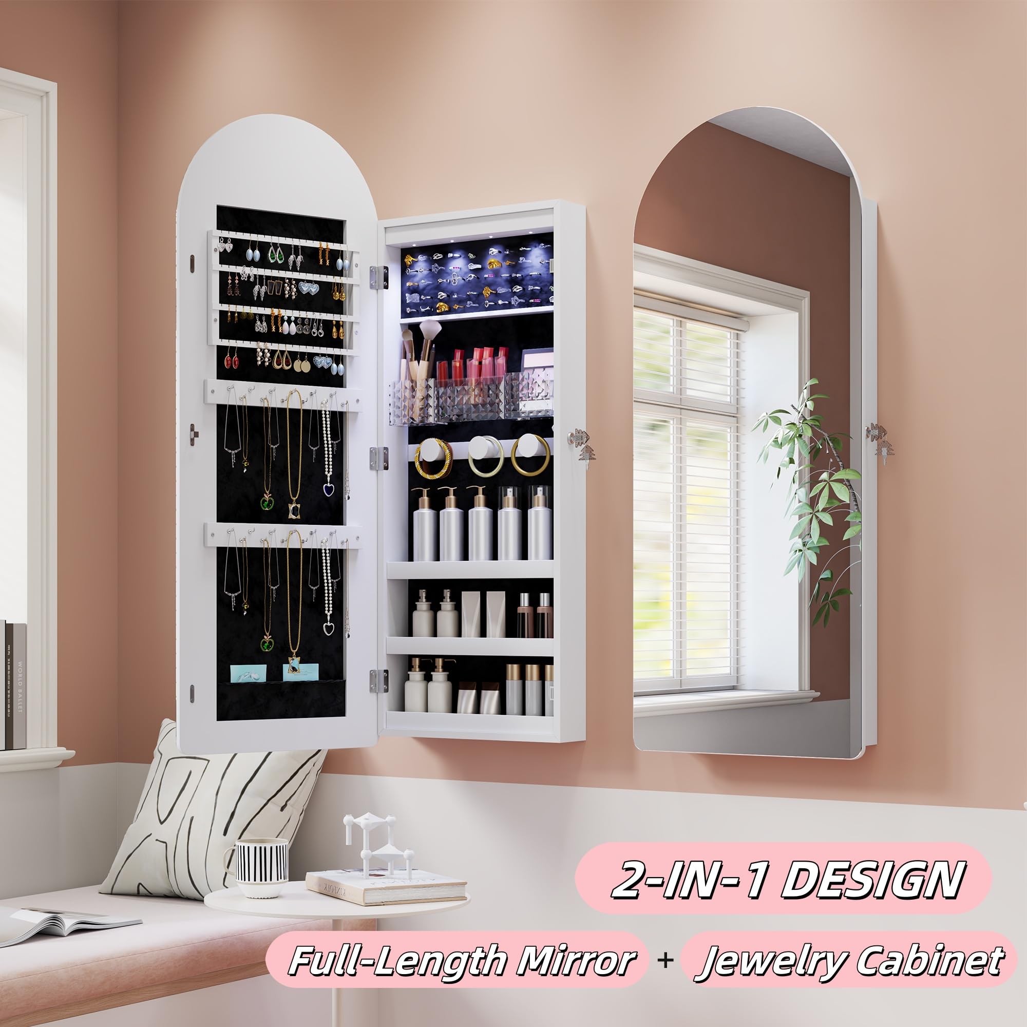 Wall Mounted Jewelry Armoire with Full Length Mirror and LED Light