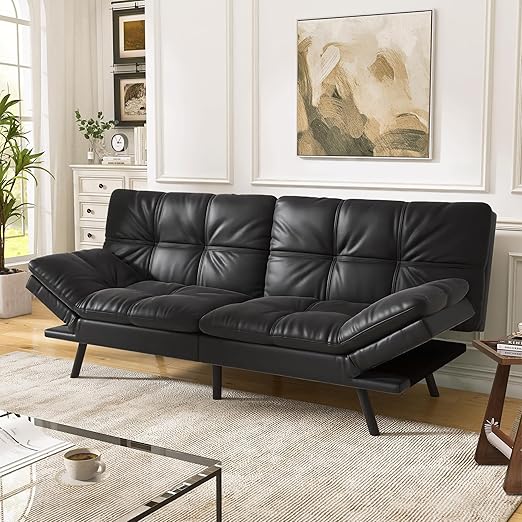 Convertible Faux Leather Futon Sofa Bed with Memory Foam