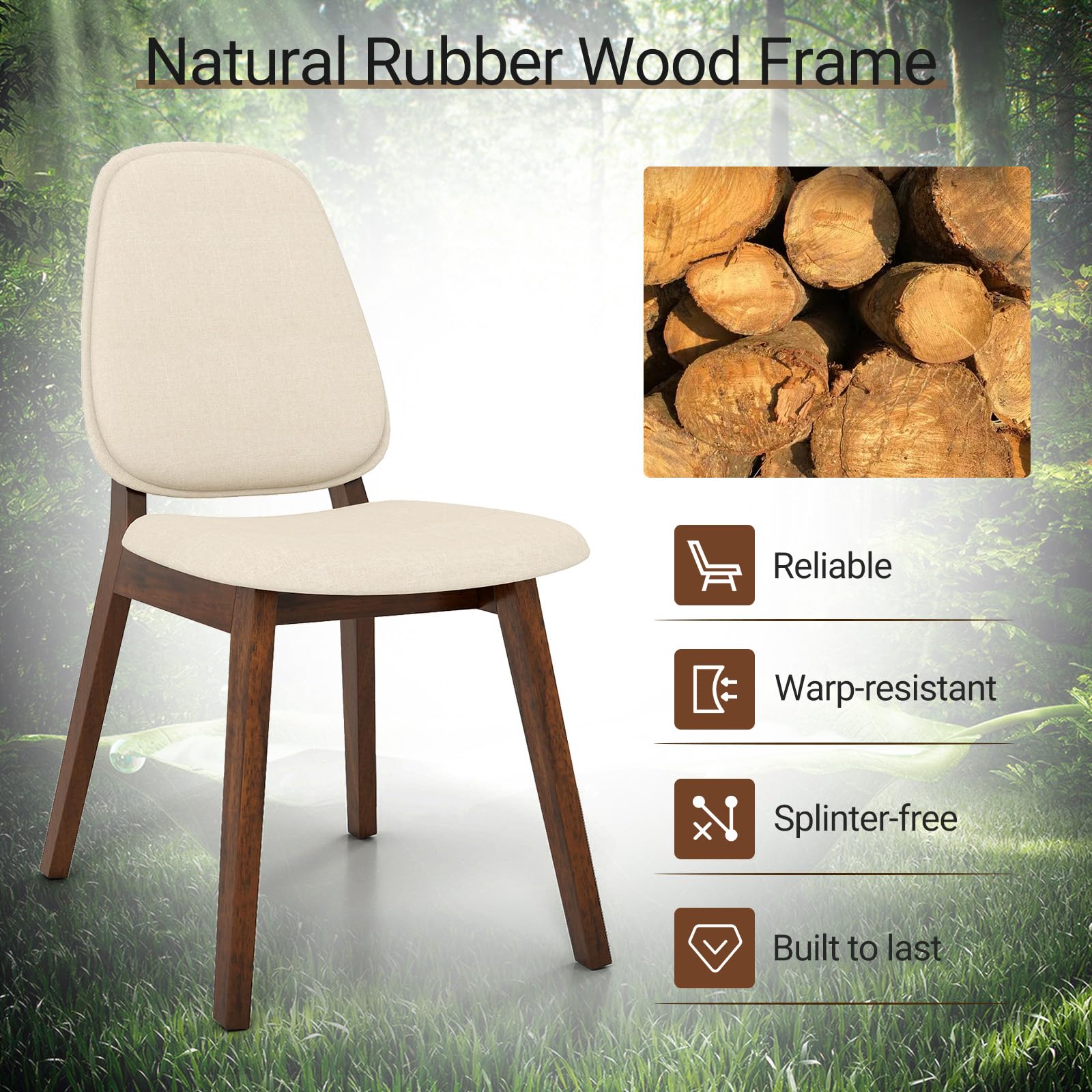 Wooden Dining Chairs Set of 4 - Linen Upholstered with Curved Back