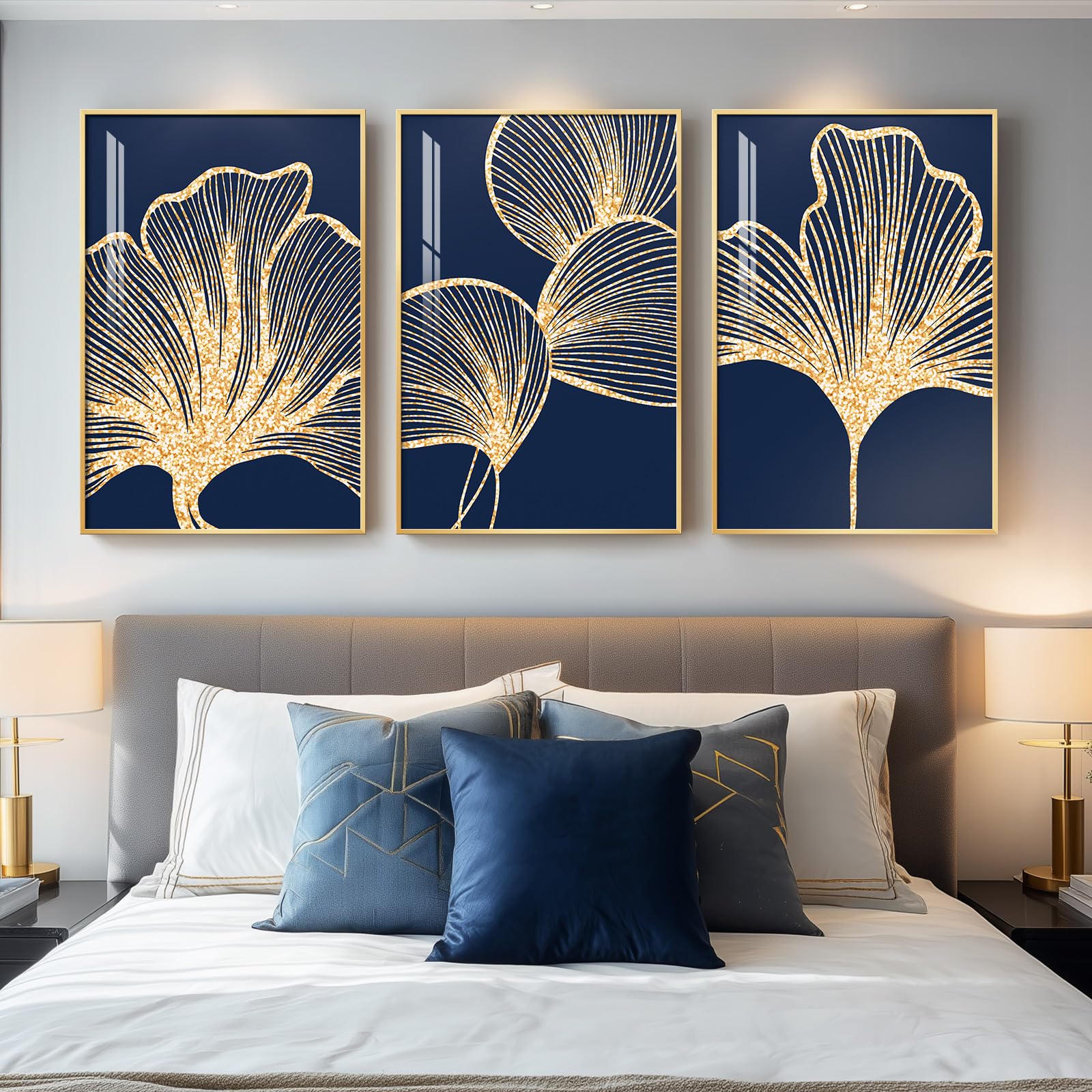 Navy Blue Gold Ginkgo Leaf Wall Art Set 3 Piece 24x36