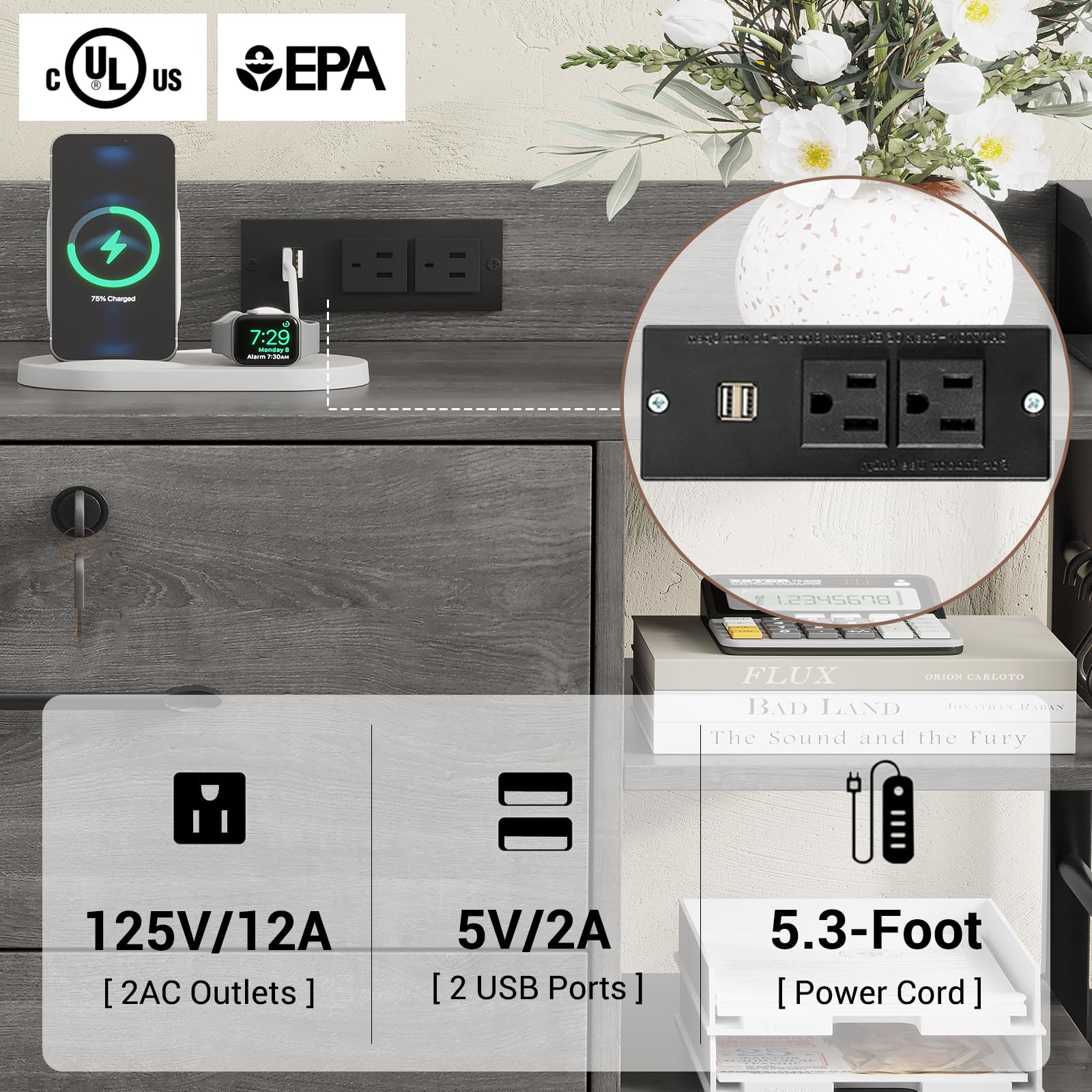 SEDETA 44" File Cabinet, Filing Cabinet fits Legal/Letter Size, 2 Drawer File Cabinets for Home Office with Lock, Power Strip, 6 Storage Shelves, Grey