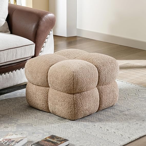 Square Teddy Fleece Ottoman Rust Brown