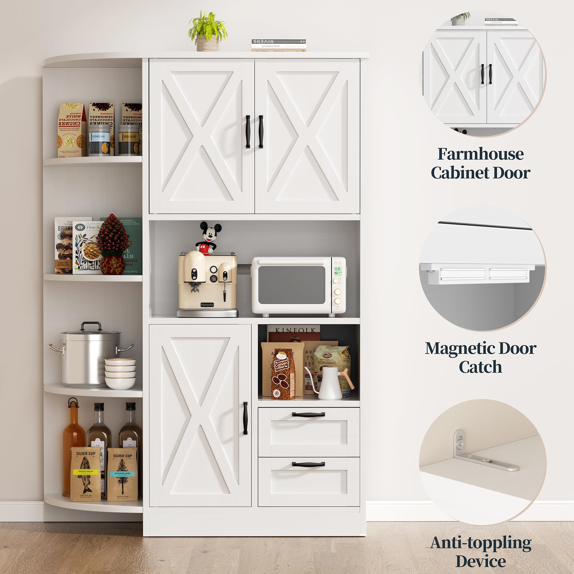 Farmhouse Kitchen Pantry Storage Cabinet with Microwave Shelf