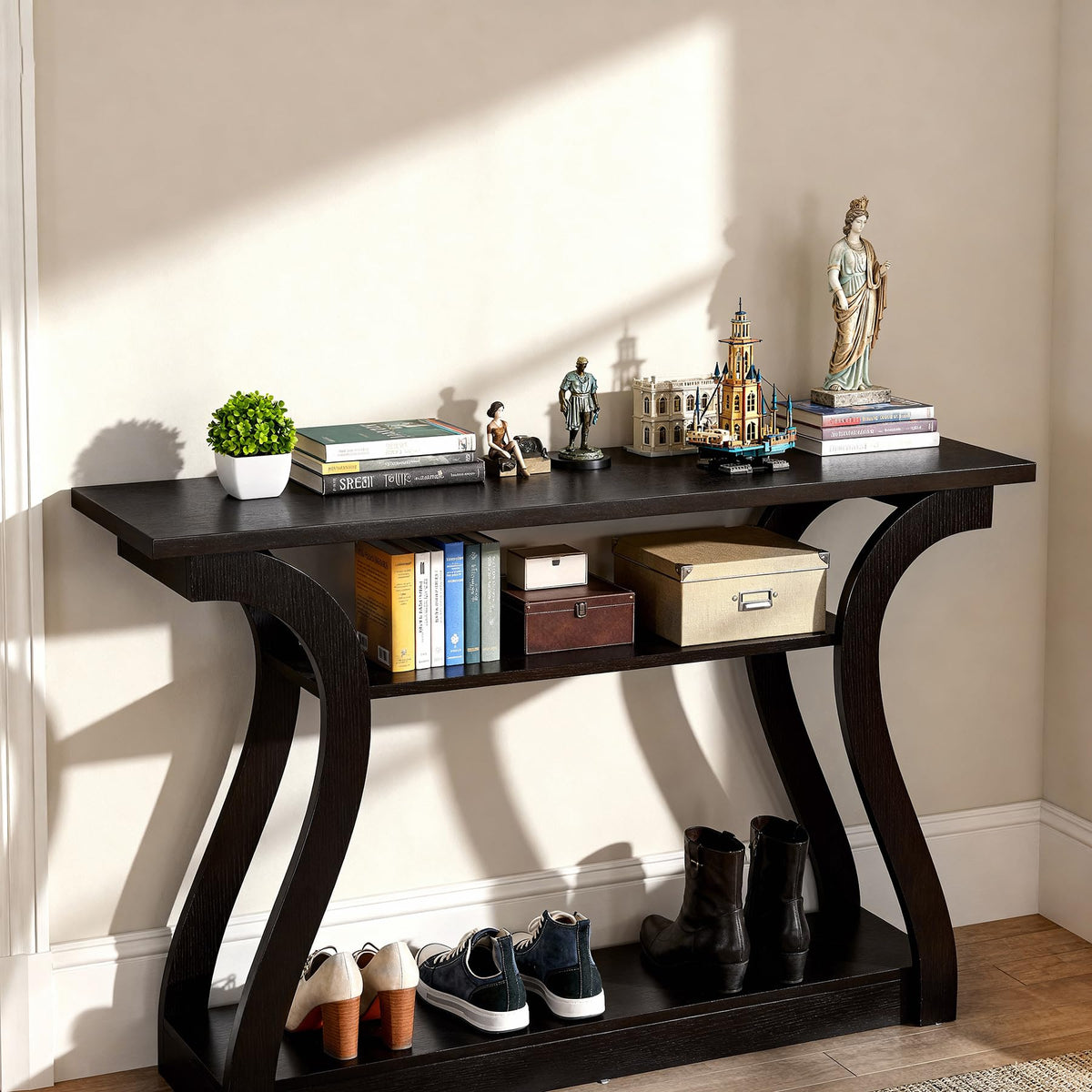 3-Tier Wood Console Table with Curved Legs - 47 Inch Cappuccino