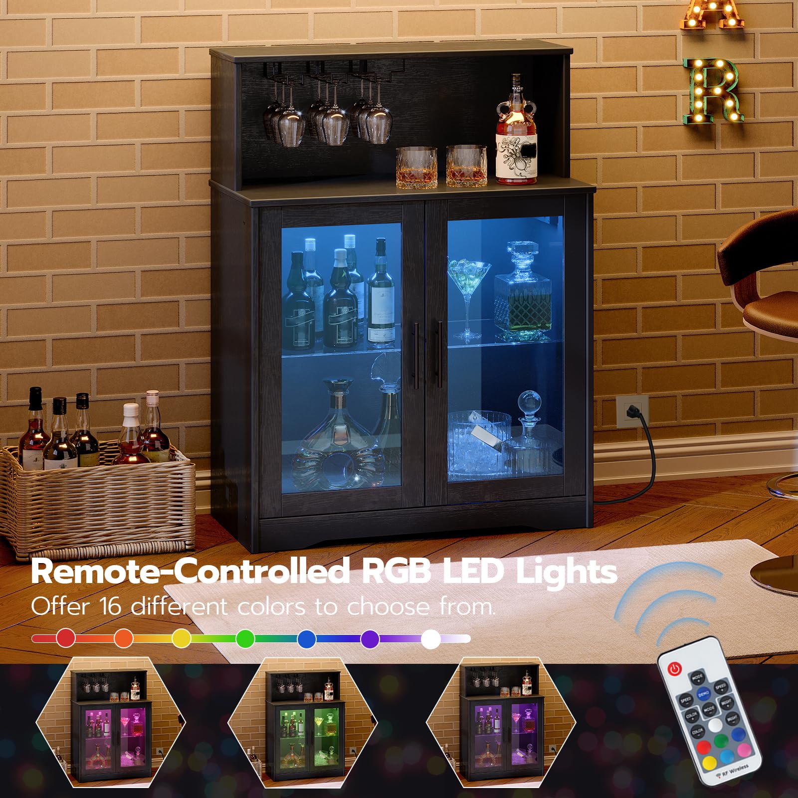 Wine Bar Cabinet with LED Light and Power Outlets