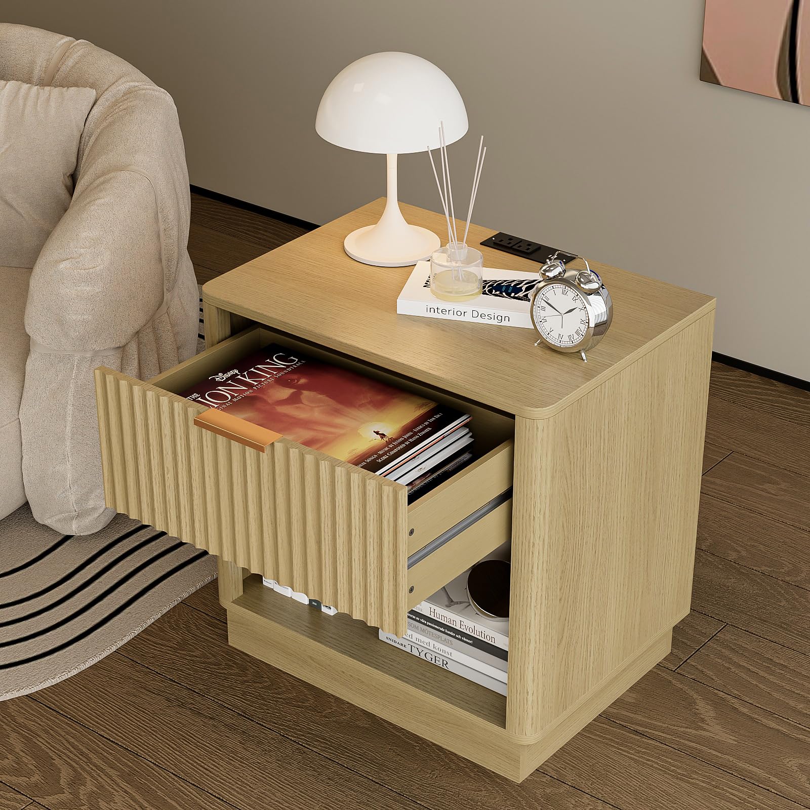 Trironsun Fluted Nightstand with Charging Station Modern Bedside Table with Drawer and Open Shelf Mid Century End Table with Storage for Bedroom Living Room Sofa Office