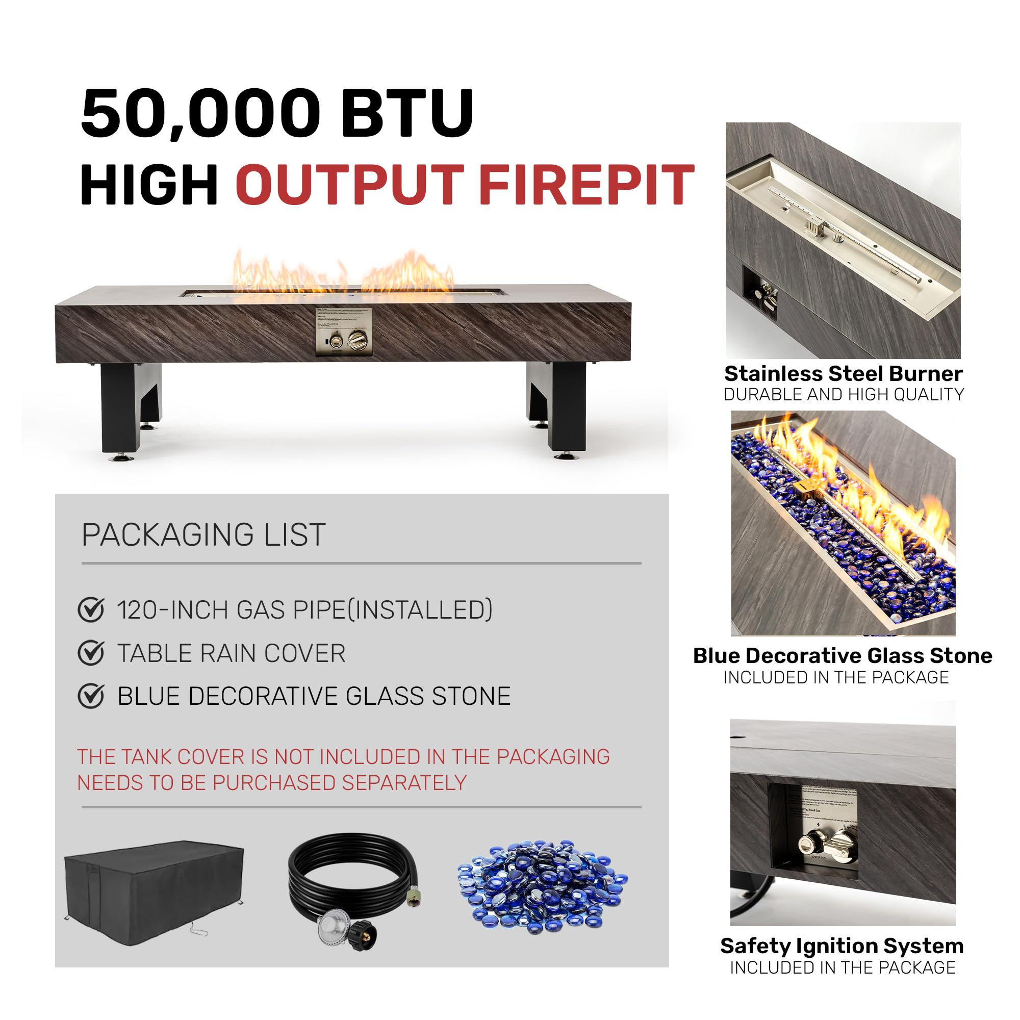 54" Rectangular Propane Fire Pit Table