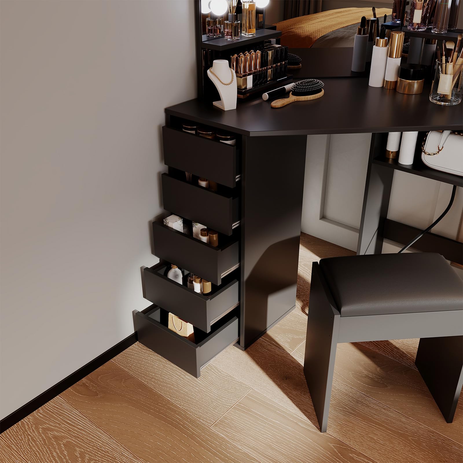 Corner Vanity Desk with Mirror and LED Lights