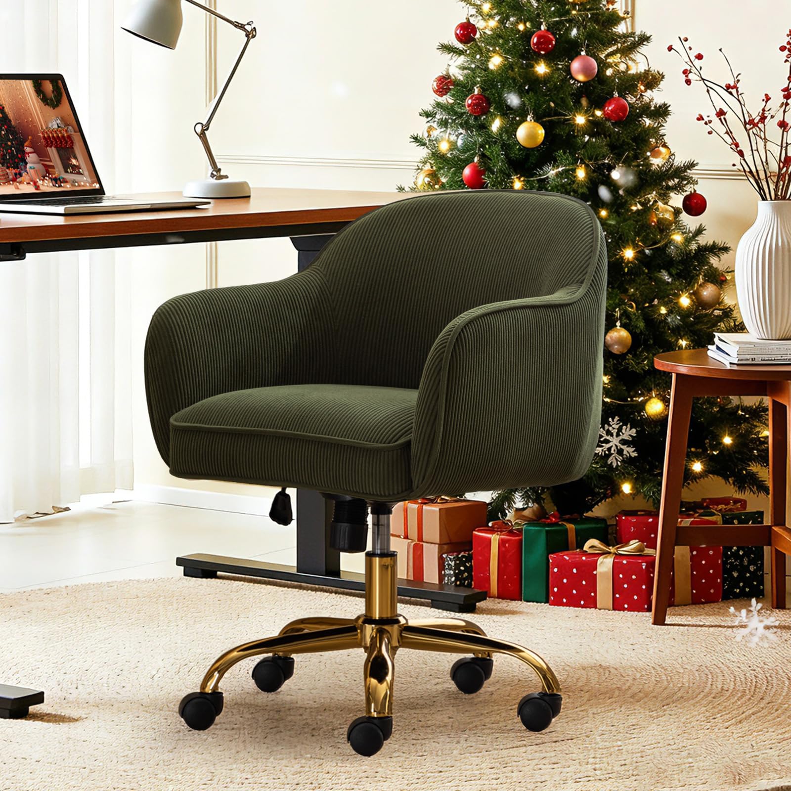 Velvet Upholstered Office Chair with Gold Wheels - Ergonomic Swivel Desk Chair
