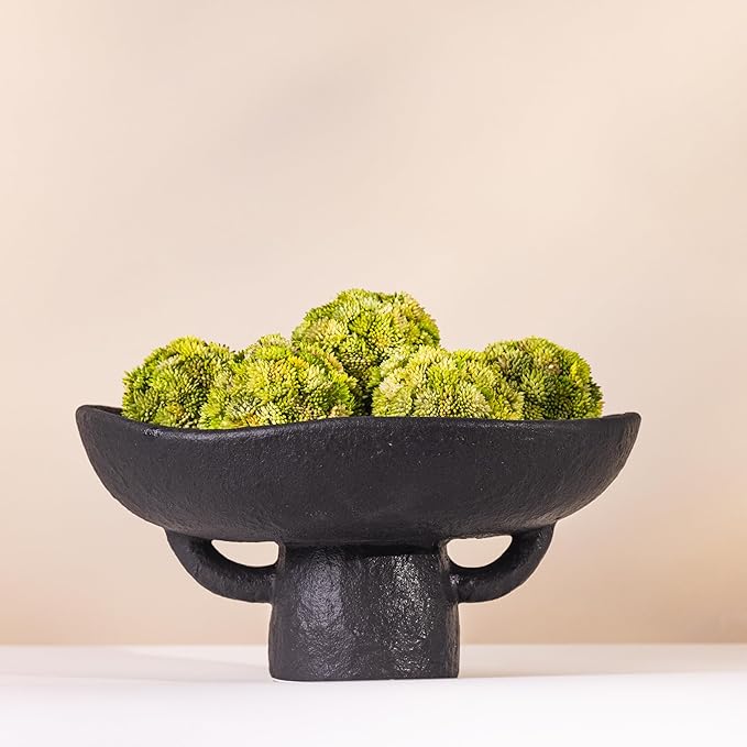 White Textured Ceramic Pedestal Bowl with Succulent Moss Balls