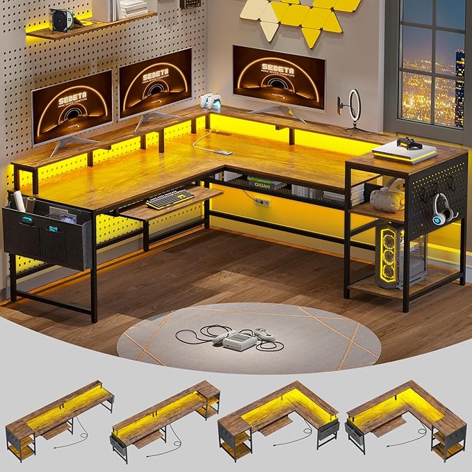 L-Shaped Gaming Desk with Power Outlets and LED Strip