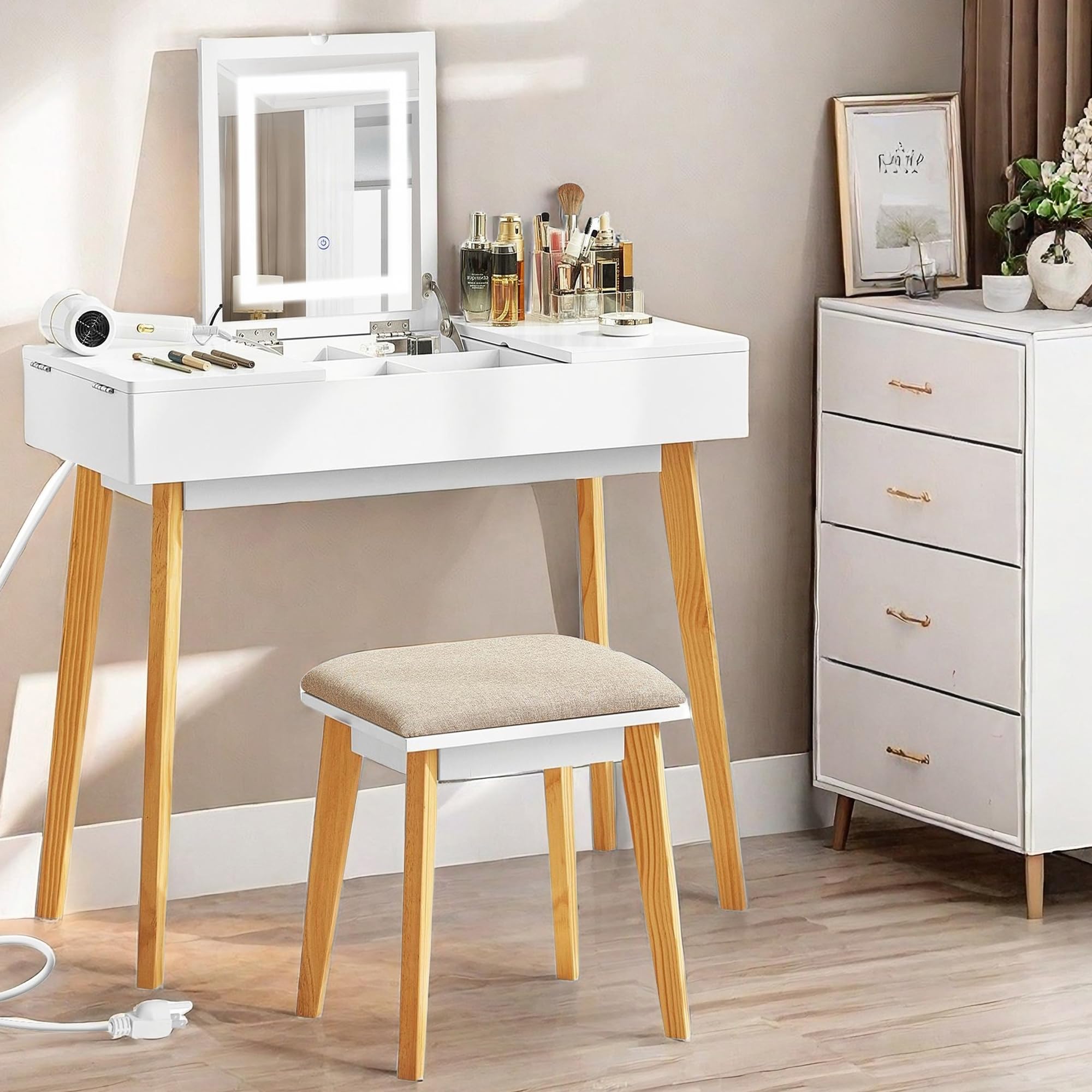 Flip Top Vanity Desk with LED Mirror and Power Outlet